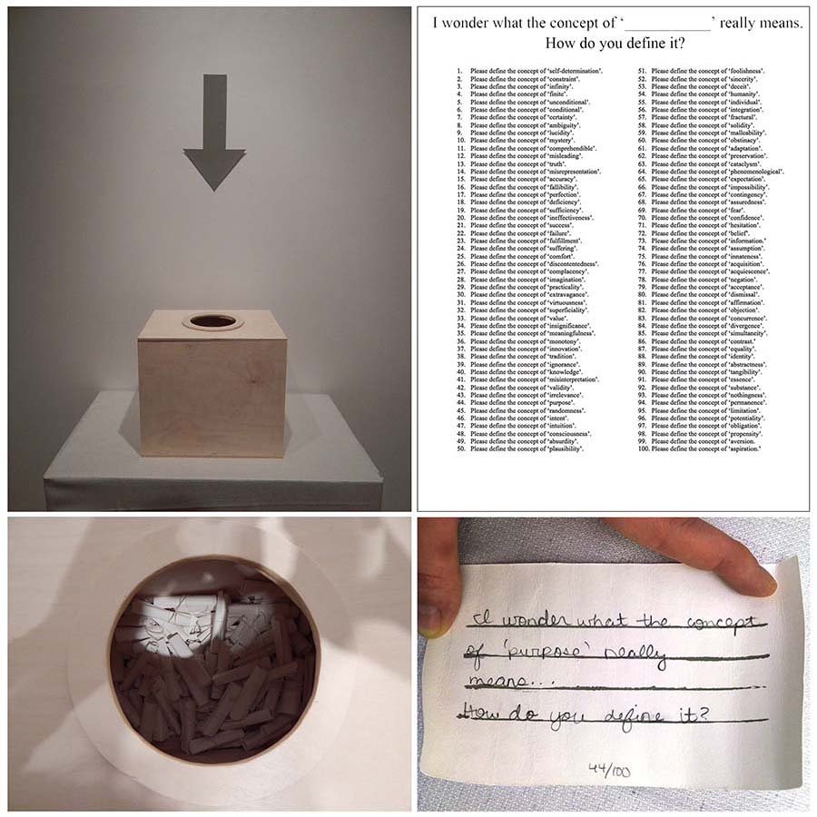"How Do YOU Define (...)?" 2015-present. Participatory Installation (hand-made woodbox, paper). Approximately 14 in. x 11 in. Details.
