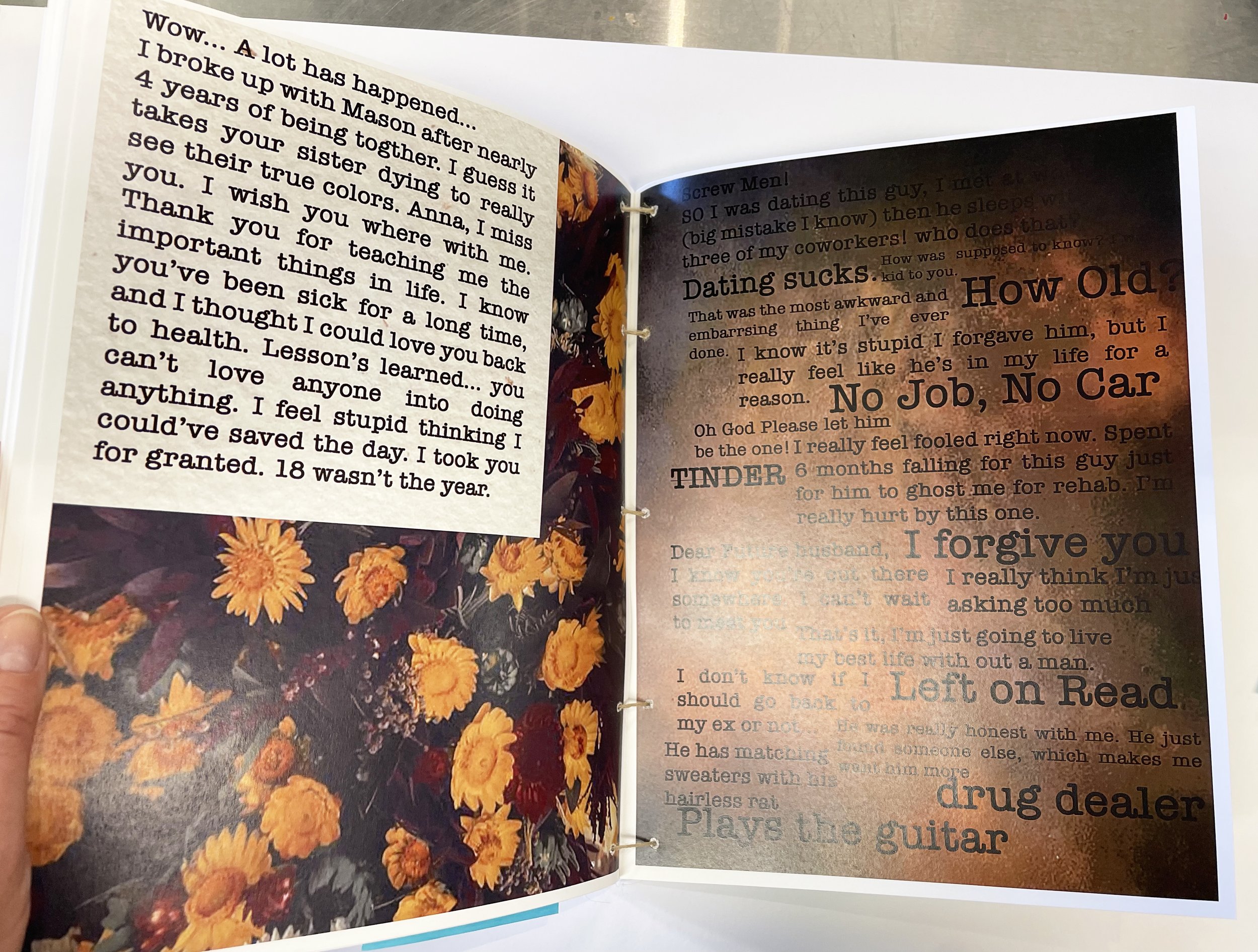 “Dopesick Nation.” 2023. Artist’s Book, front cover. AA interview data visualization. Color print, gold leaf, hand-bound. 25 pages. 9 in. x 4.5 in. Course: Book Arts (Printmaking). Spread.