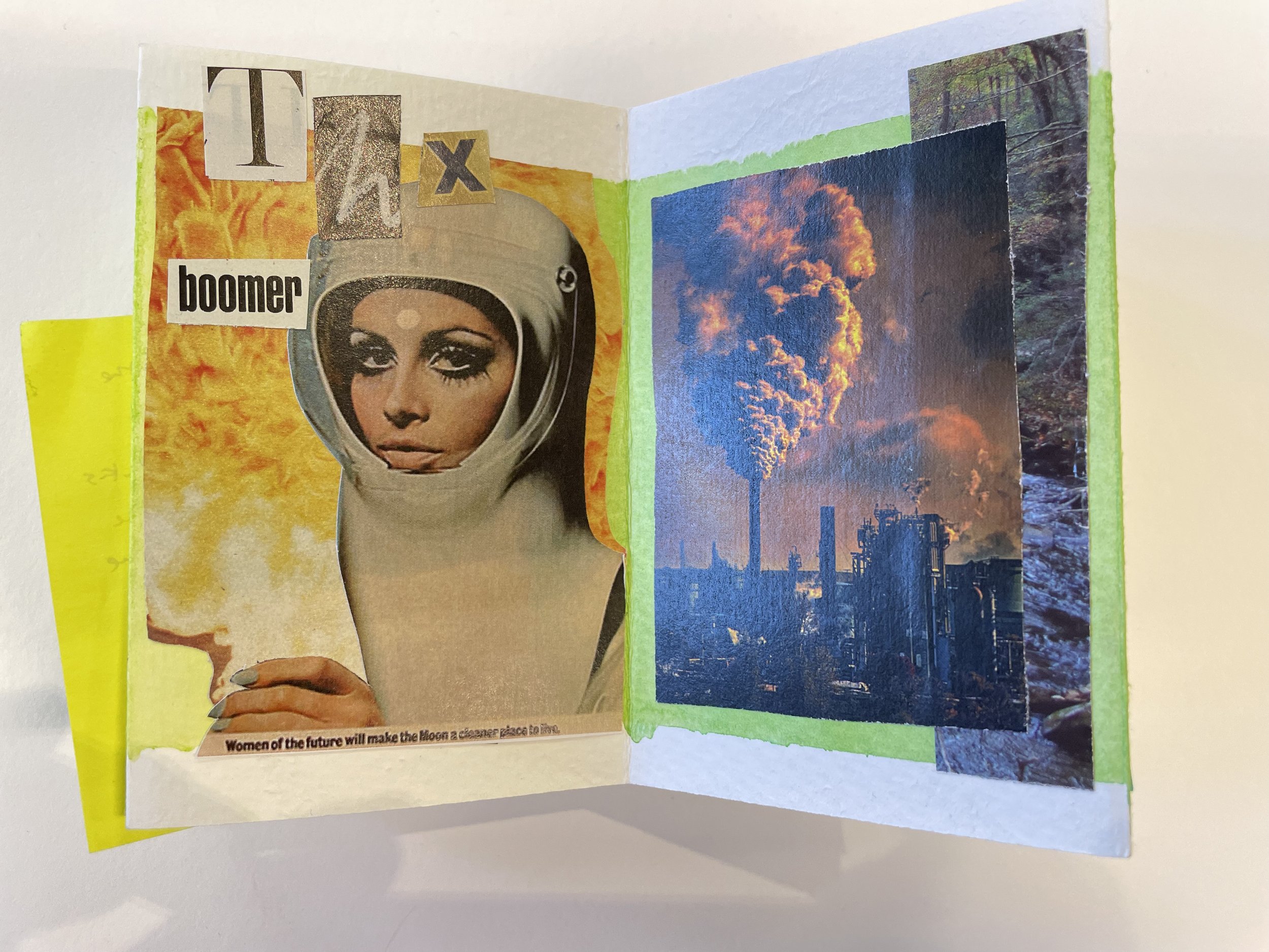 “Dangerous Beauty.” Artist’s Book (Collage). 2023. Dimensions variable. Sample spread. Course: Book Arts (Printmaking).