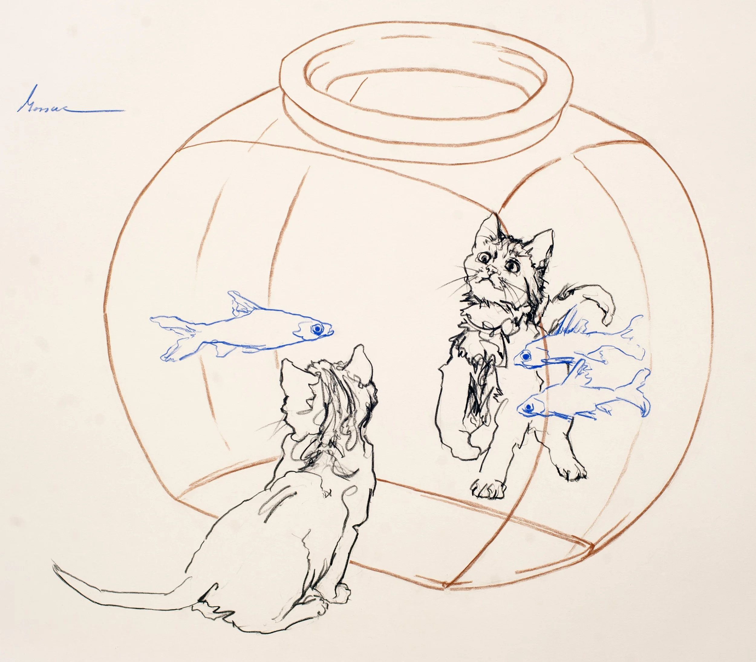 Two Kittens, Three Fish 