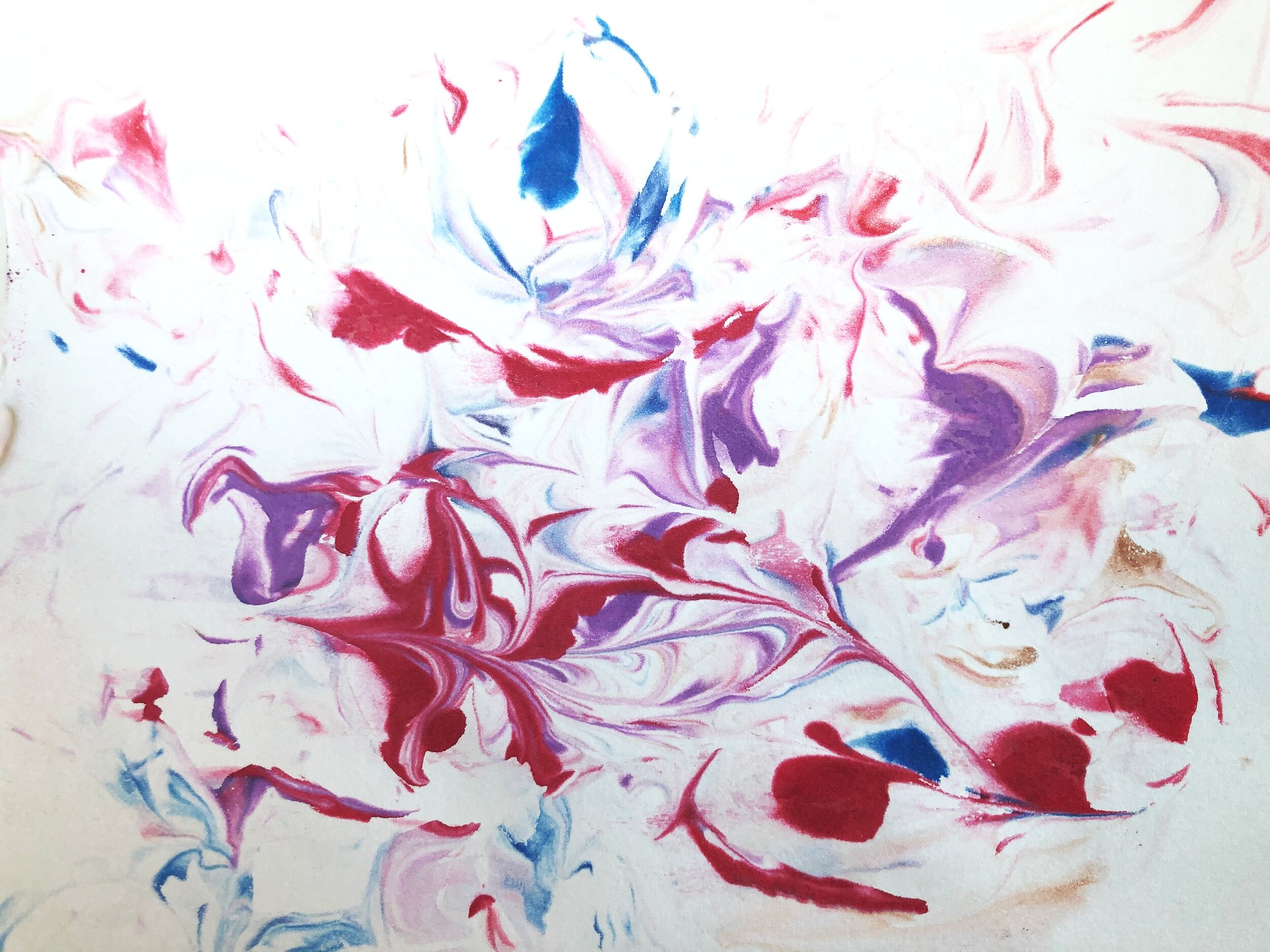 Students explored the notion of chance by creating unexpected marble paintings. Inspired by Helen Frankenthaler’s soak stain technique.