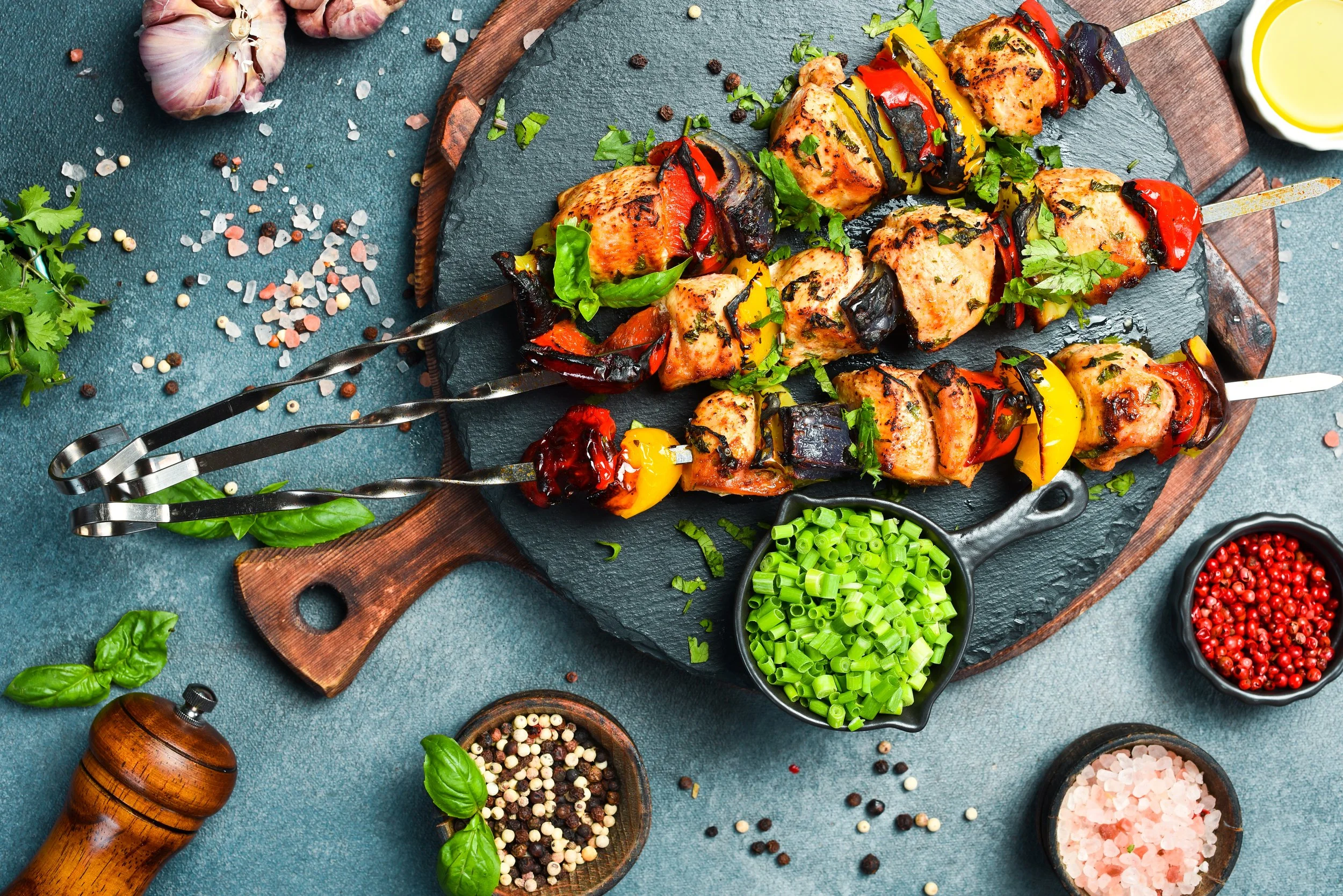 Shish kebab from chicken breast, and grilled vegetables