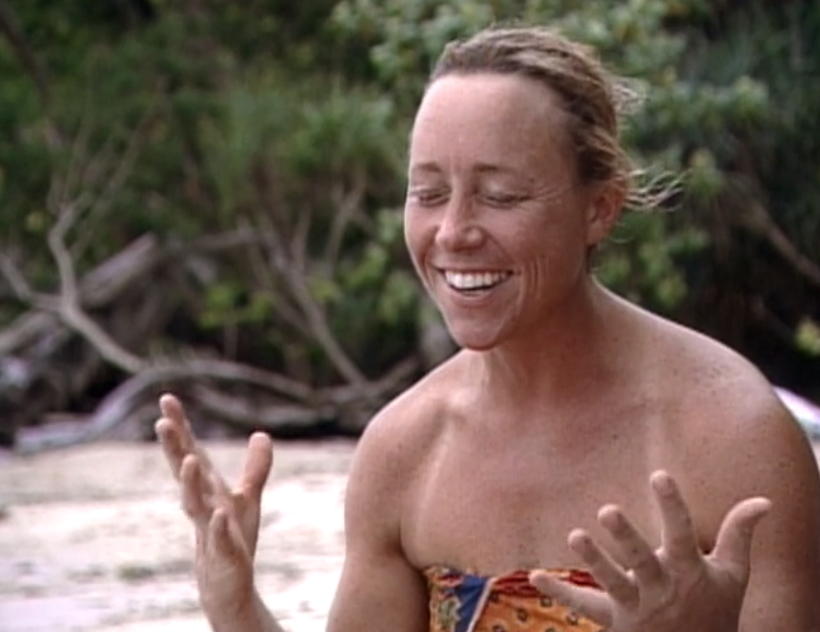 Sue is overcome with joy at the accomplishment of catching some fish. All screenshots via Amazon Prime Video.