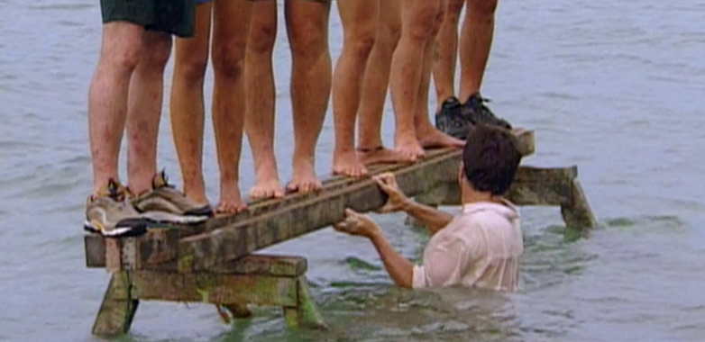 Host Jeff Probst removes the first plank. All screenshots via Amazon Prime Video.
