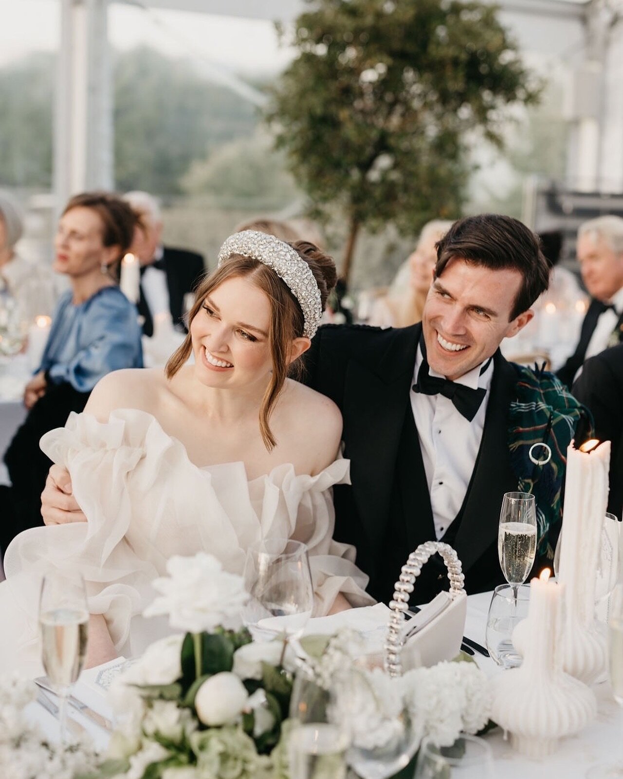 Real Bride Emma wearing @jenniferbehr Medici headband as her party accessory. For Emma&rsquo;s reception at Mona Farm, she chose to change her hairstyle and add her fabulous bejewelled headband🤍
⠀⠀⠀⠀⠀⠀⠀⠀⠀
#jenniferbehr