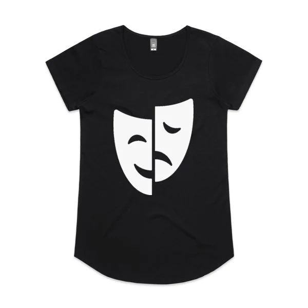 White Greek comedy & tragedy masks, female scoop neck. Available in black only.