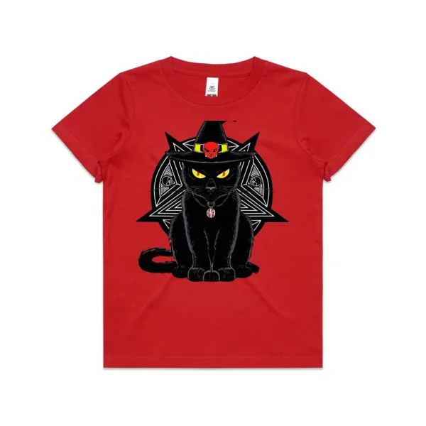 Witch's cat with pentagram t shirt red kids cut size 12.jpg