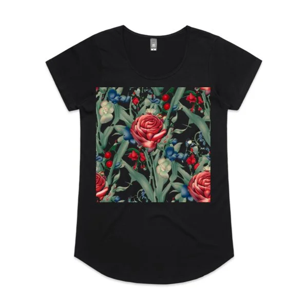 Beauty among the roses t shirt black scoop neck female cut.jpg