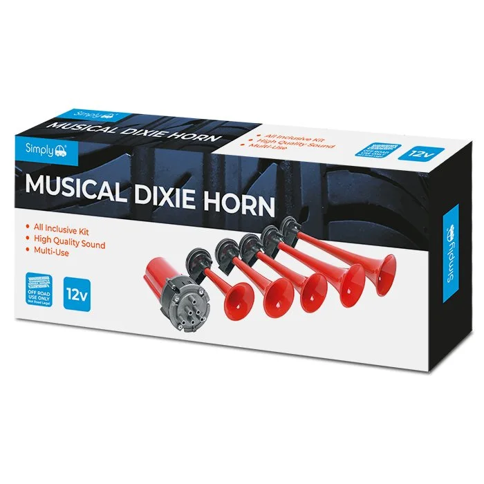 Dixie Air Horn - Full 12 Note Melody, 12 Volt, 5 Red Trumpets (Like General Lee)