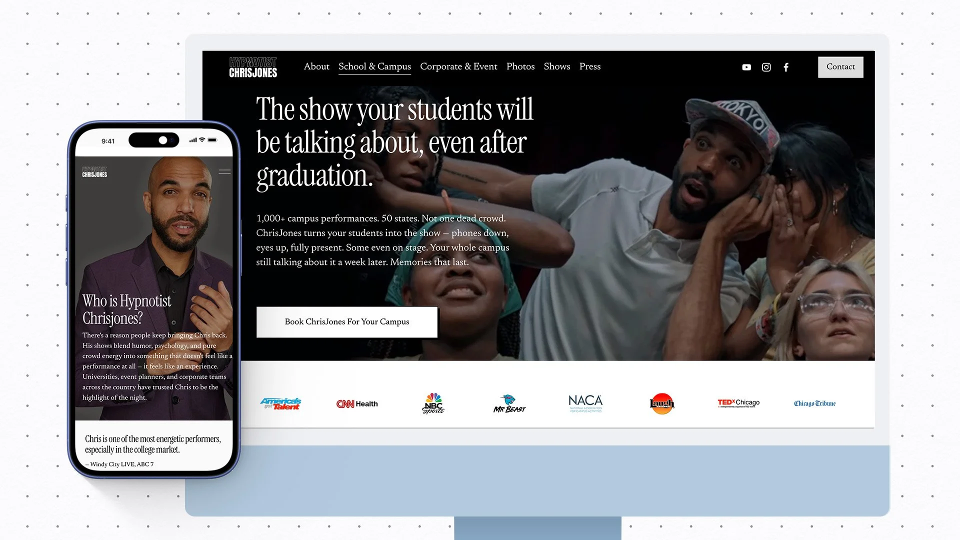 Performer Website &amp; Campus Booking Strategy for Hypnotist Chris Jones