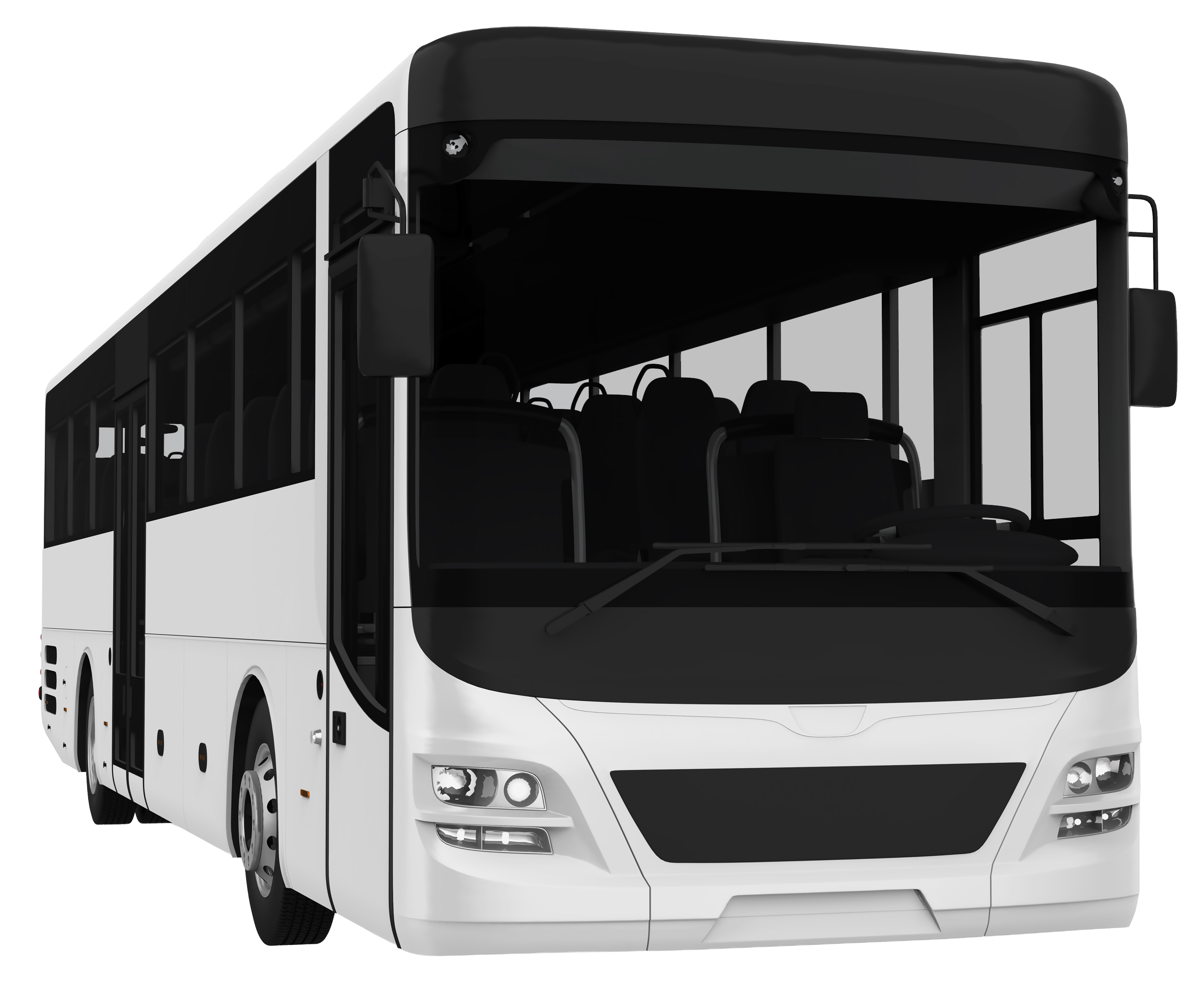 Front view of a white public transit bus with black accents, multiple windows, and vacant seats visible through the windshield.