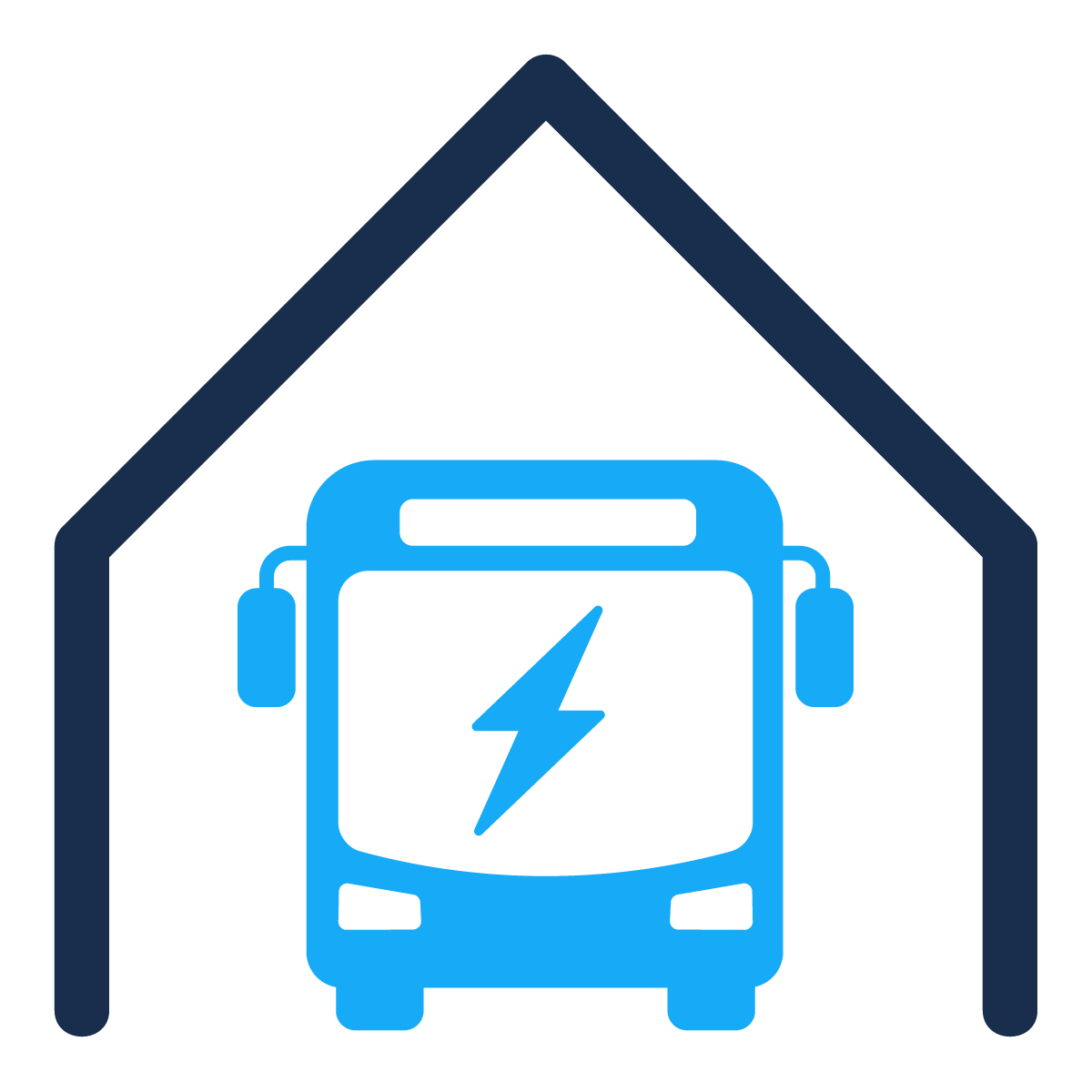 A blue electric bus inside a vehicle charging station with a house-shaped outline.