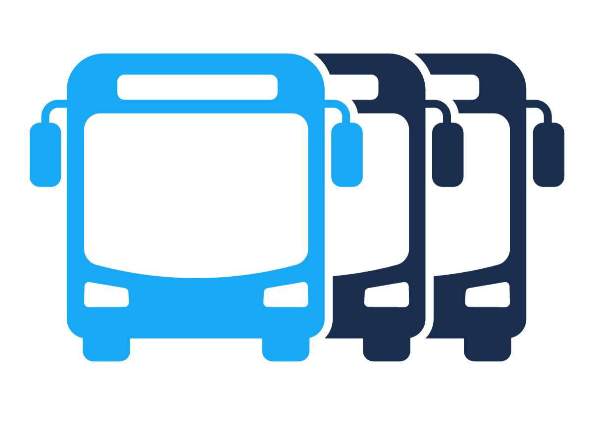 Icon of three buses, with the front bus in blue and the other two in dark blue, indicating transportation or bus services.