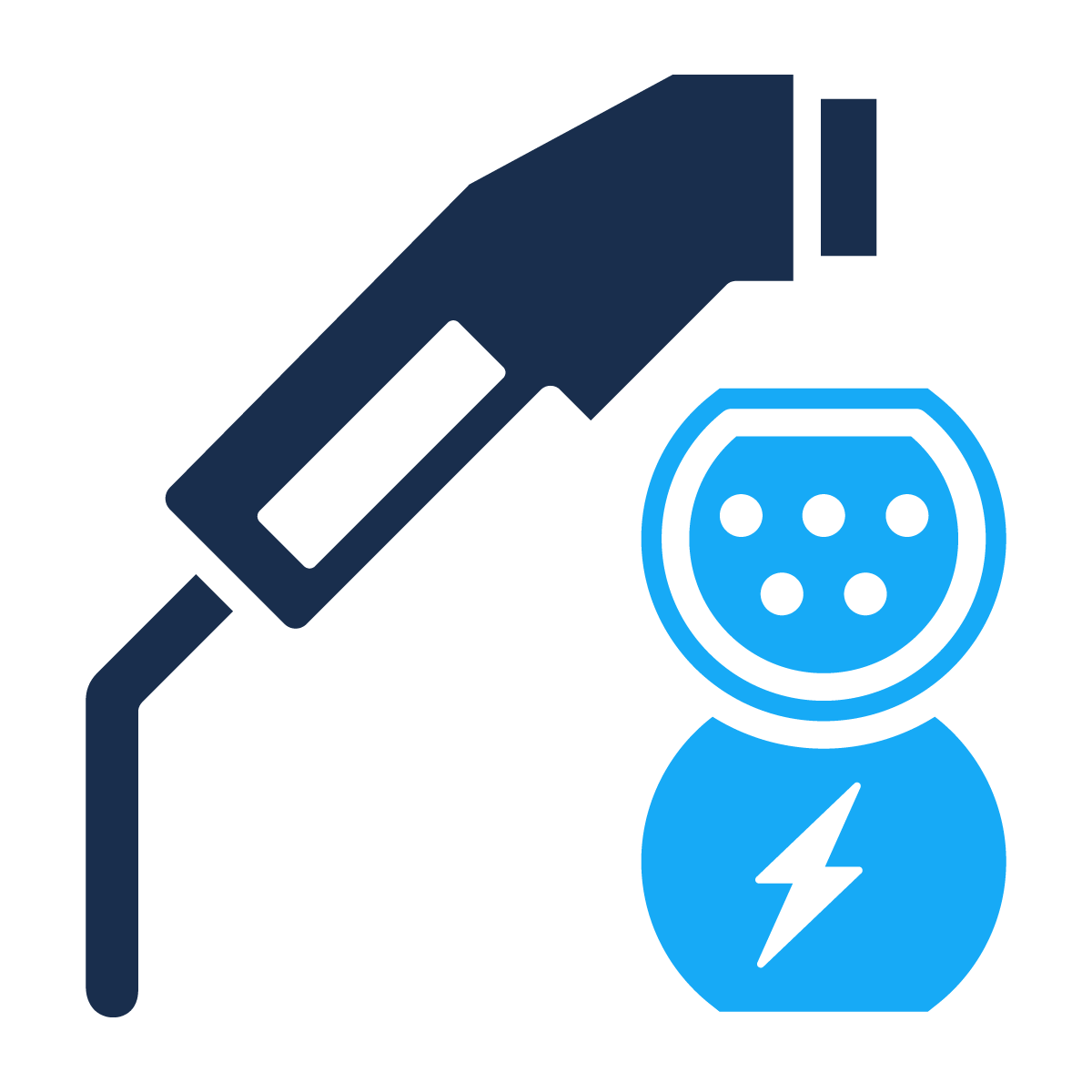 Illustration of a power plug with a lightning bolt symbol, connected to an electric socket with a circular shape and four holes, representing electric charging or power supply.