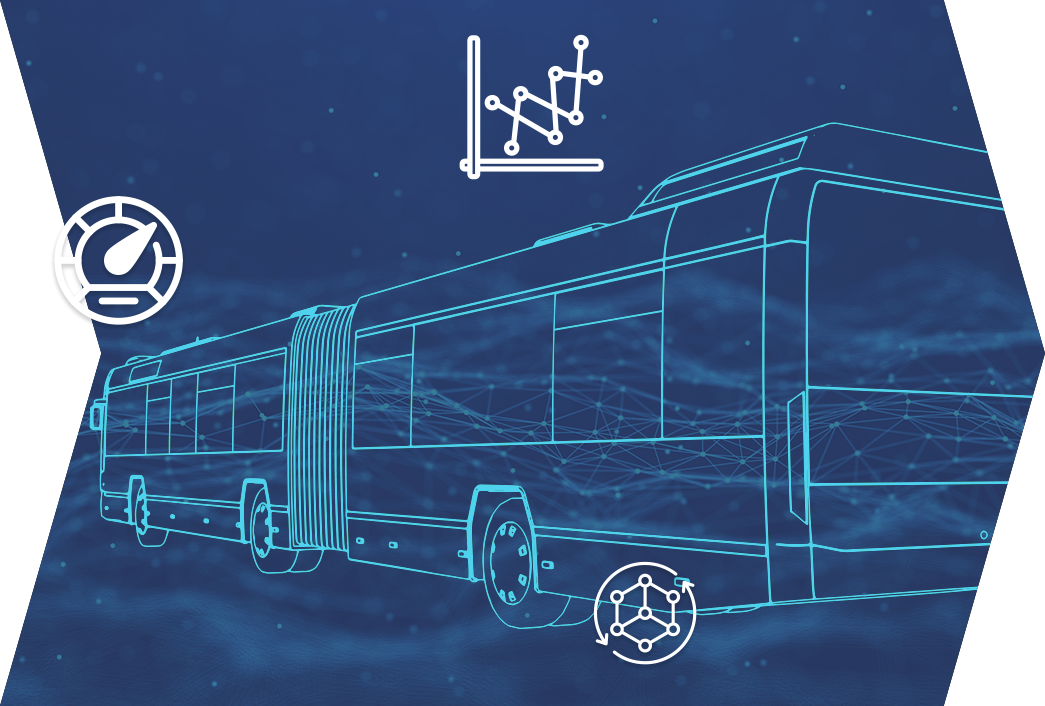 Digital illustration of a bus with connected lines and icons representing data analysis and cloud computing on a dark blue background.