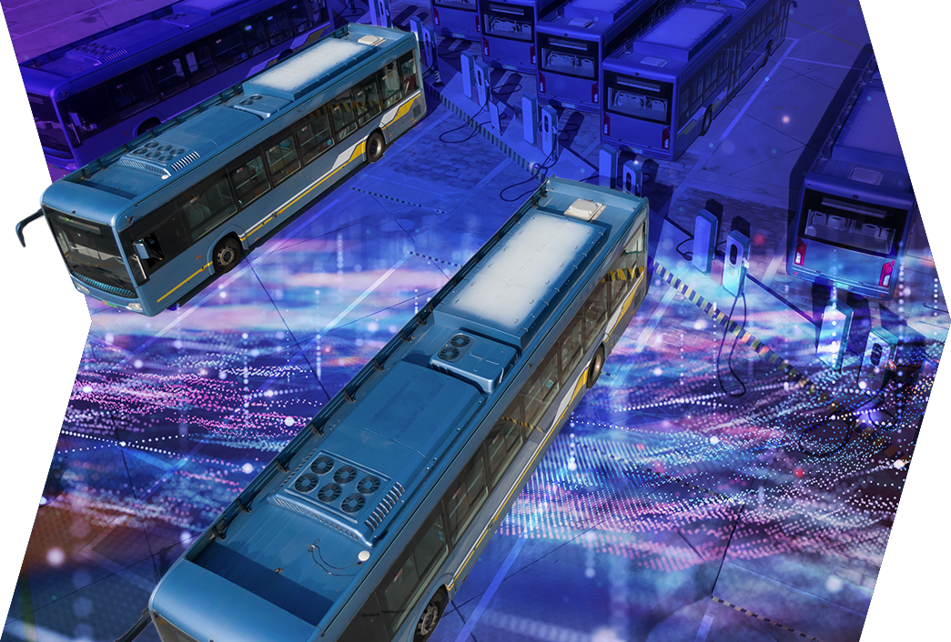Electric buses parked at a modern charging station with a digital, futuristic overlay of glowing lines and dots.