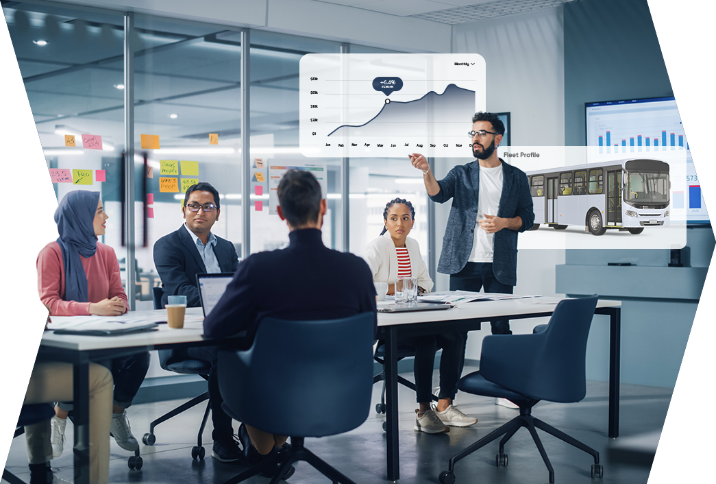 A business meeting in a modern conference room with five diverse professionals listening to a presenter. The presenter is explaining a digital overlay of a bus, a fleet profile, and a line chart with percentage growth.