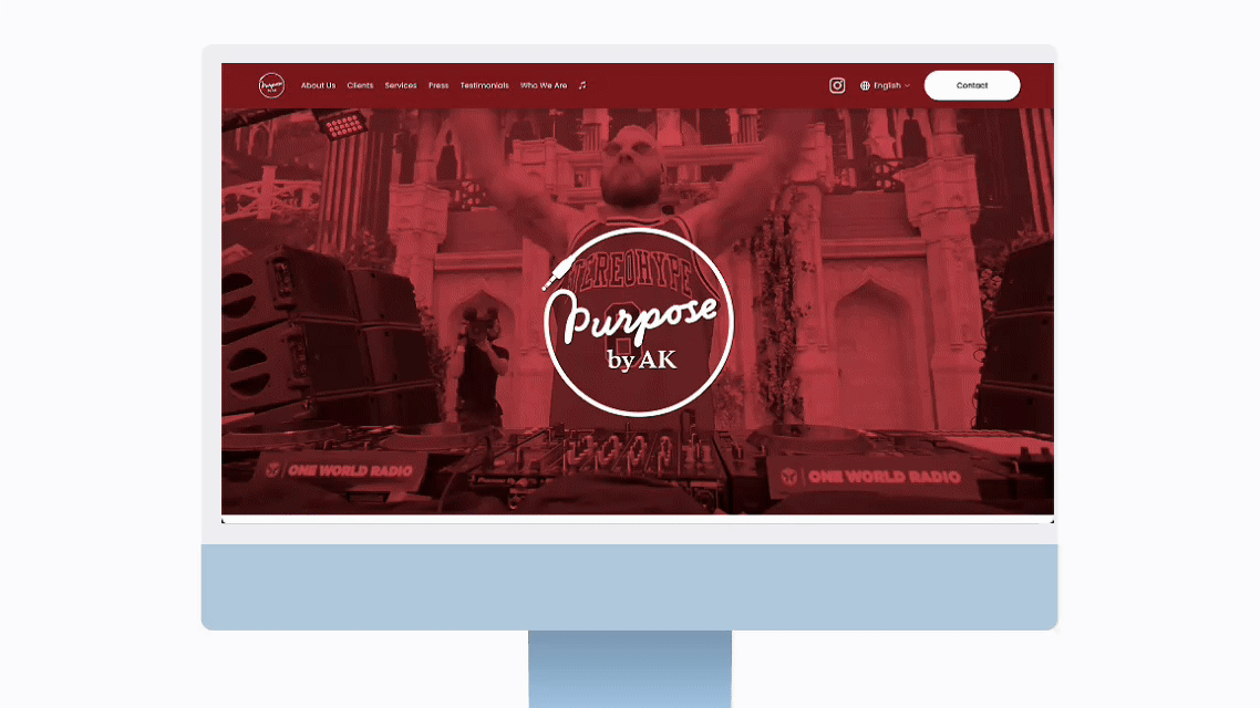 Purpose by AK music PR agency first website design - Squarespace landing page