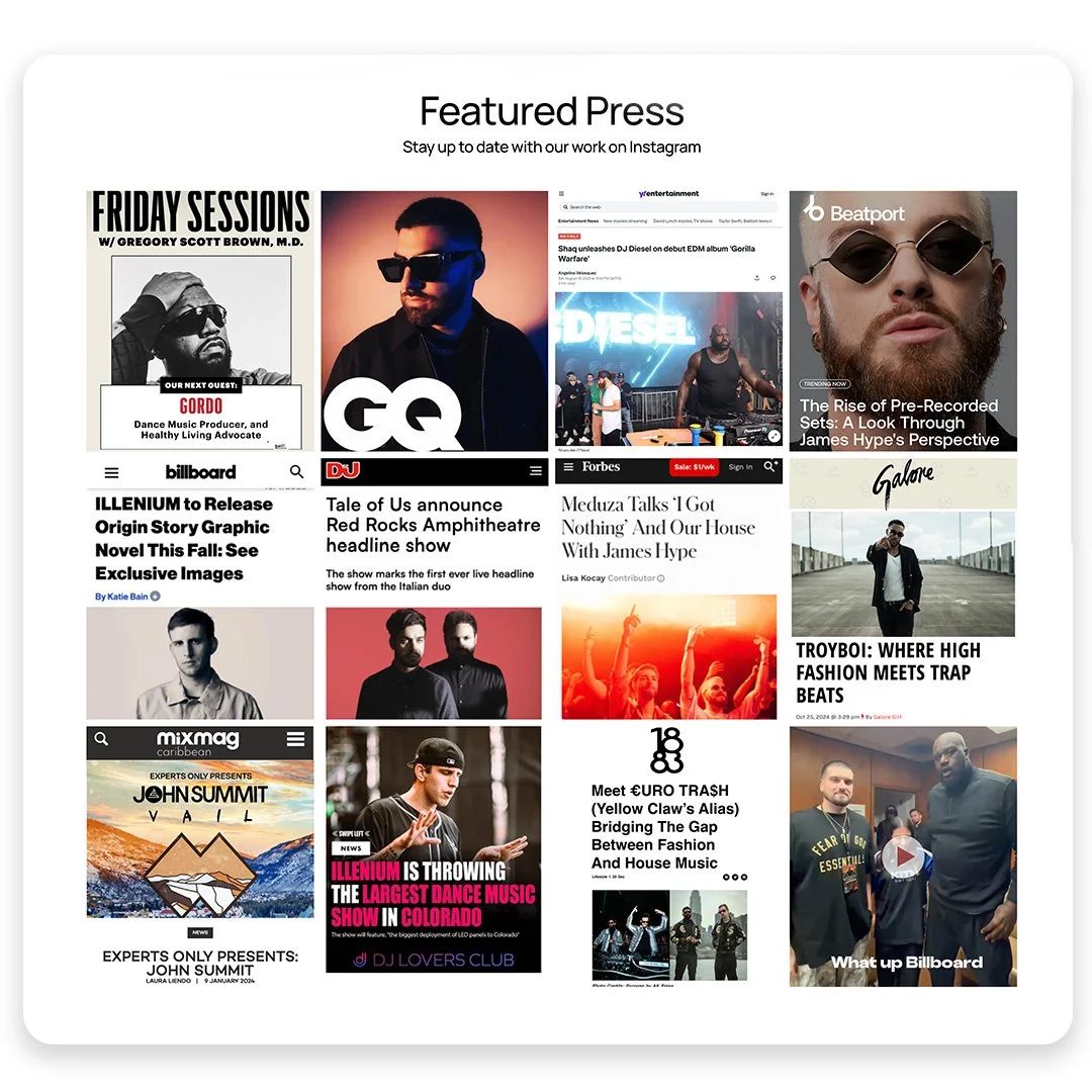 Interactive press section showing Forbes Billboard DJ Mag placements for music PR agency