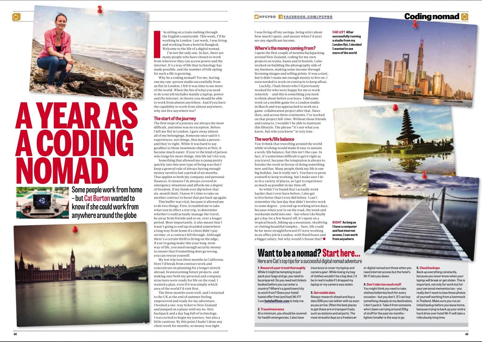 Two pages from a magazinewith the headline 'A YEAR AS A CODING NOMAD'. Features a photo of Cat Burton crouching on a beach with her camera, smiling. And three landscape photographs.
