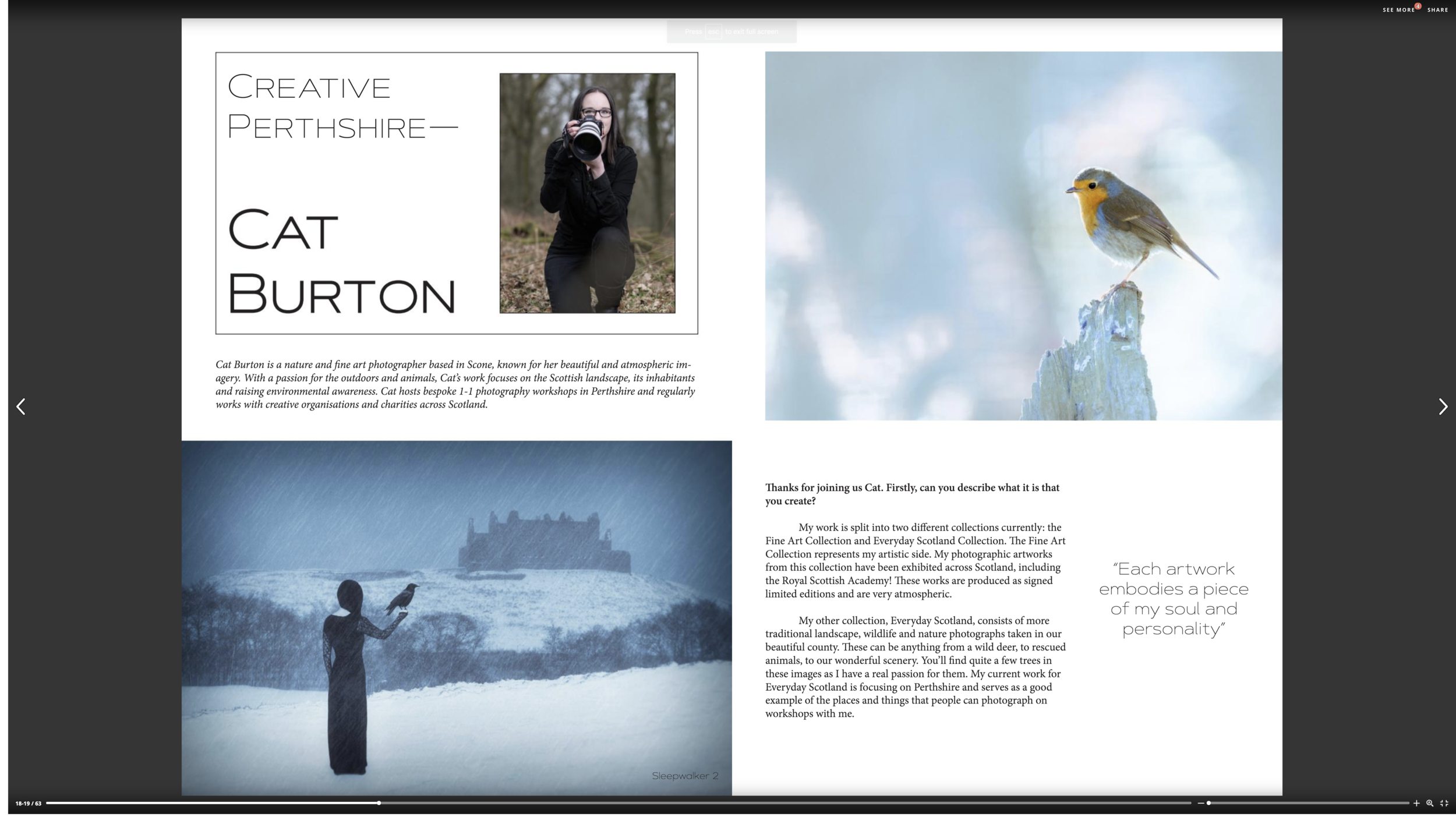 Article featuring Cat Burton (coach, advisor & photographer), with images of her holding a camera in a forest, a bird perched on a piece of ice, and a silhouette of a person and bird against a misty landscape with a castle in the background.