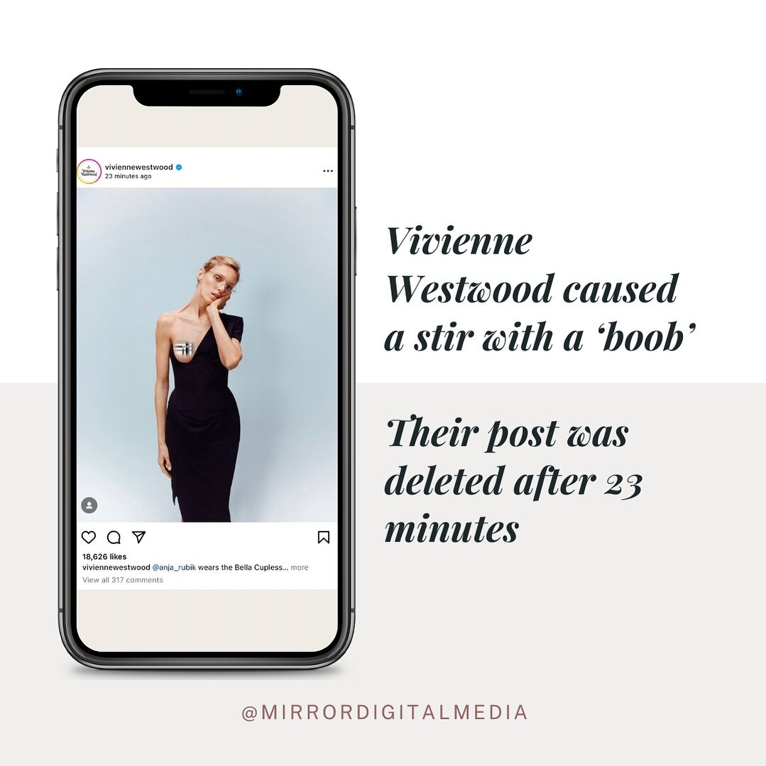 DISHY 👀 ✨ Controversial ✨ Vivienne Westwood posted this un-blurred image of their dress with an exposed female breast, it made it to 23 minutes on Instagram and was then taken down. Are we offended by this? Is it inappropriate or should we be more o