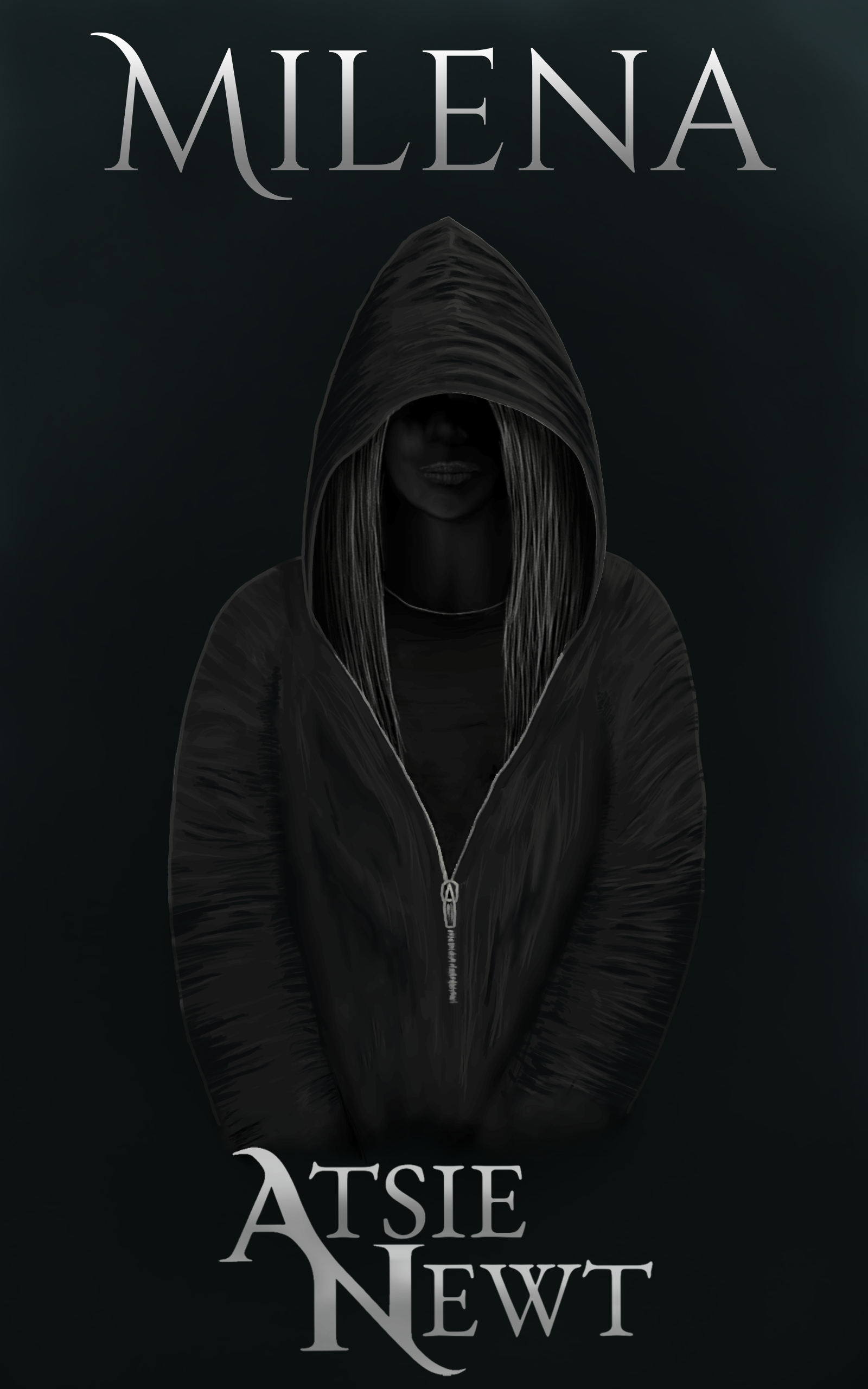 Cover art for novel featuring in image of a hooded woman in shadow and the title text, Milena, and author name, Atsie Newt.