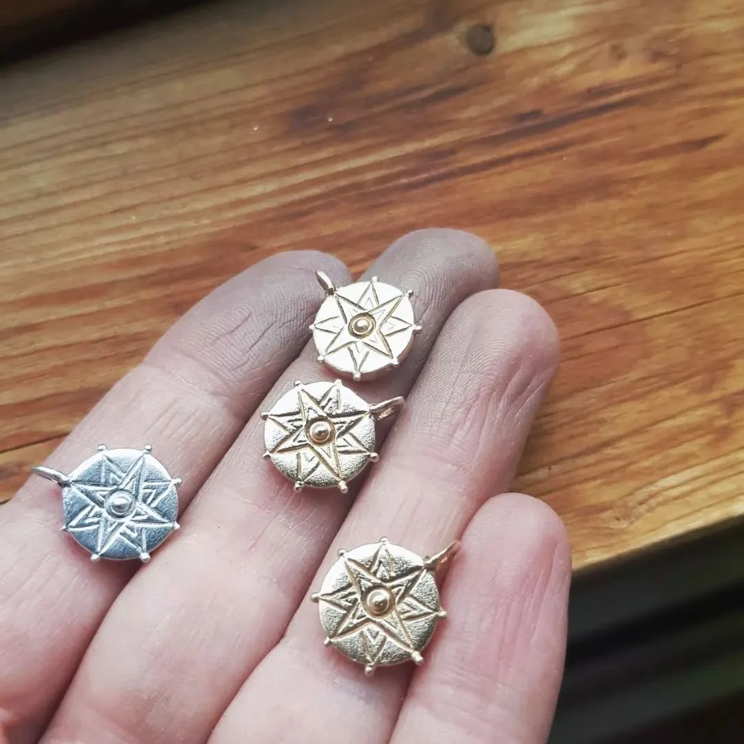 Market time is fast approaching! MAY 4TH in Stroud 
 
💛 I've created these dainty 8 pointed star pendants, inspired by Mesopotamian carvings of the symbol of goddess Inanna or Ishtar and I am very excited to be bringing them along for a first glimps