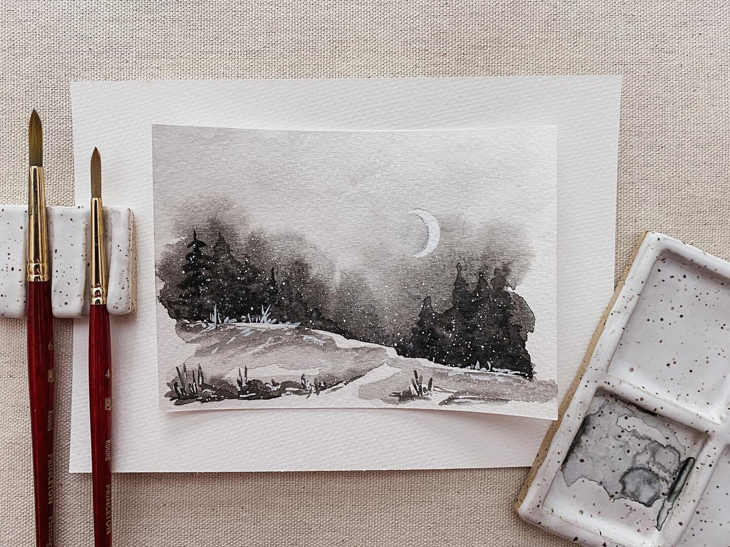 24/100 🎨 Blending styles today to create this painting - you can see the beauty of simplicity in the gestures that shape the landscape and the natural, organic flow of the watercolors as they do their thing 🤍 I adore black &amp; white art, photogra