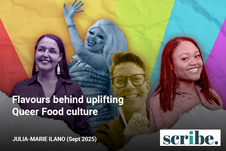 Group of diverse individuals smiling and celebrating in front of a rainbow-colored background, promoting Queer Food culture.