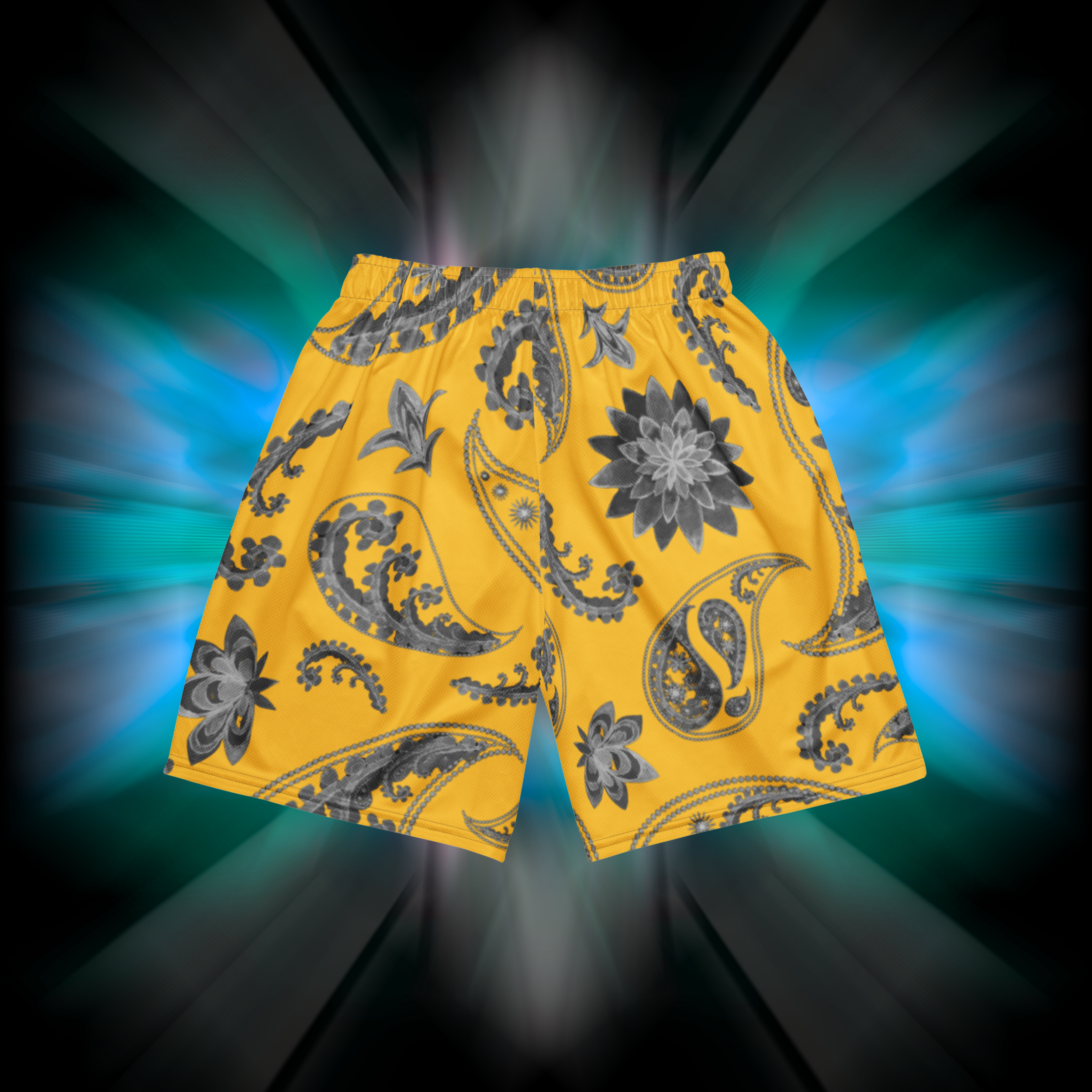 Apesthetics Dueño mesh gym shorts in yellow and grey bandana pattern — men's lightweight athletic shorts, rear view