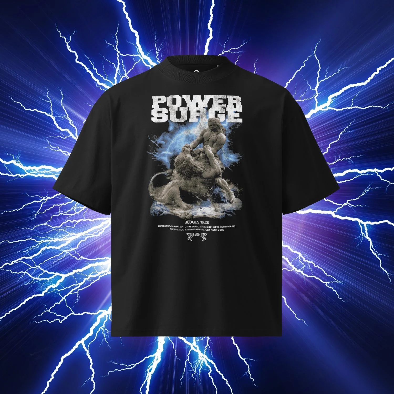 Black Power Surge t-shirt with Samson wrestling a lion graphic and Judges 16:28 verse, Apesthetics