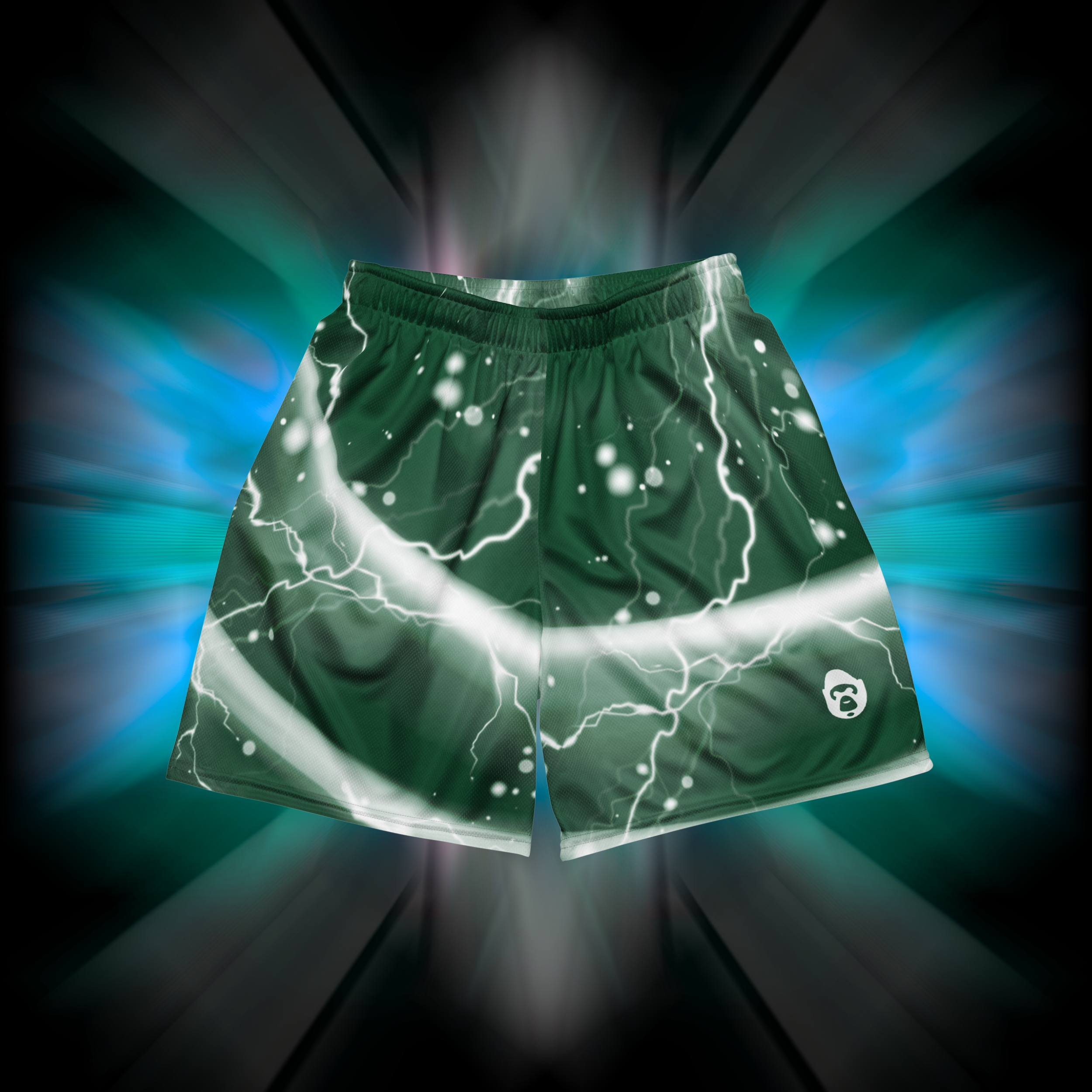 Apesthetics Gogeta green lightning print mesh shorts front view — gym streetwear