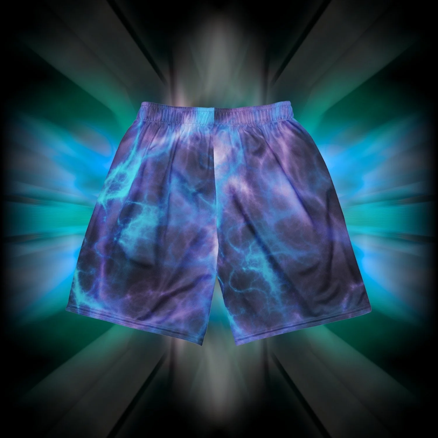 Apesthetics Vegito mesh gym shorts black blue purple pattern rear view