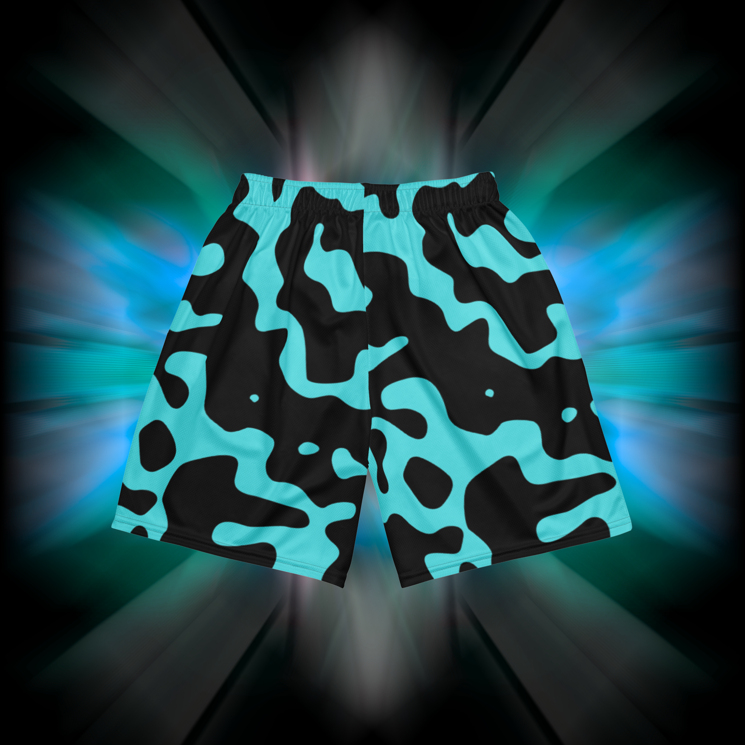 Apesthetics Militia mesh gym shorts in teal and black camo pattern — men's lightweight athletic shorts, rear view