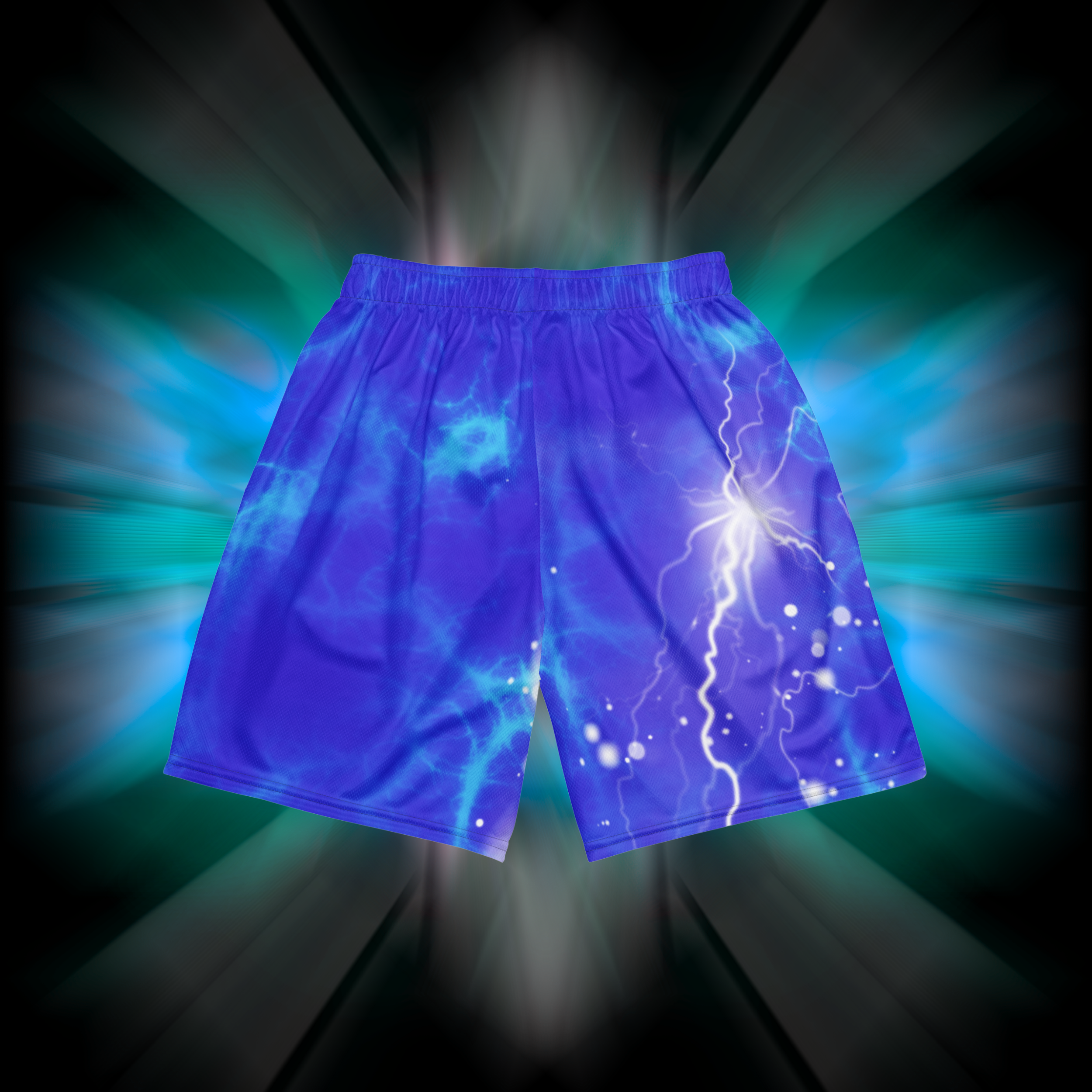 Apesthetics Gotenks blue white lightning mesh shorts rear view elastic waistband — gym streetwear