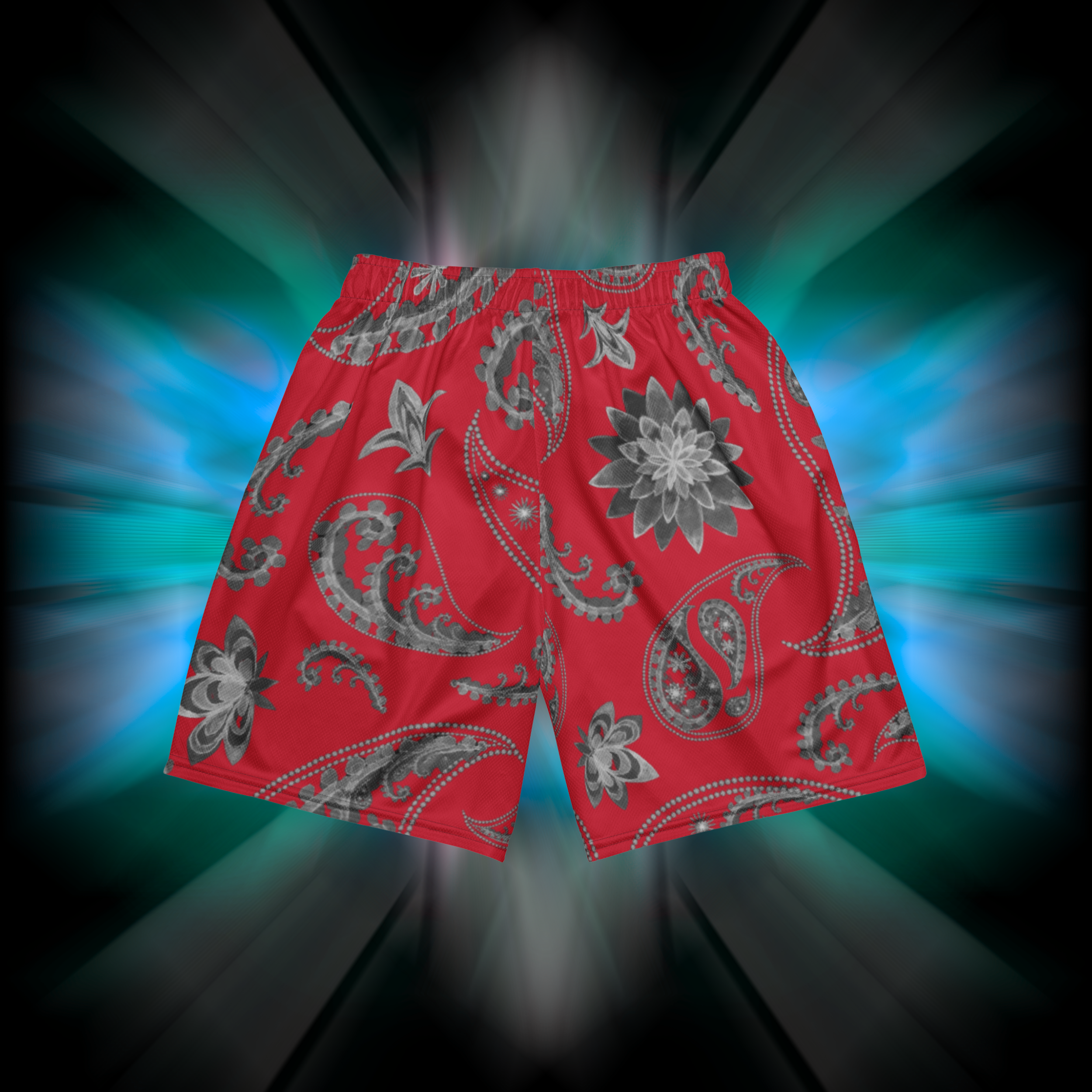 Apesthetics Dueño mesh gym shorts in red and grey bandana pattern — men's lightweight athletic shorts, rear view
