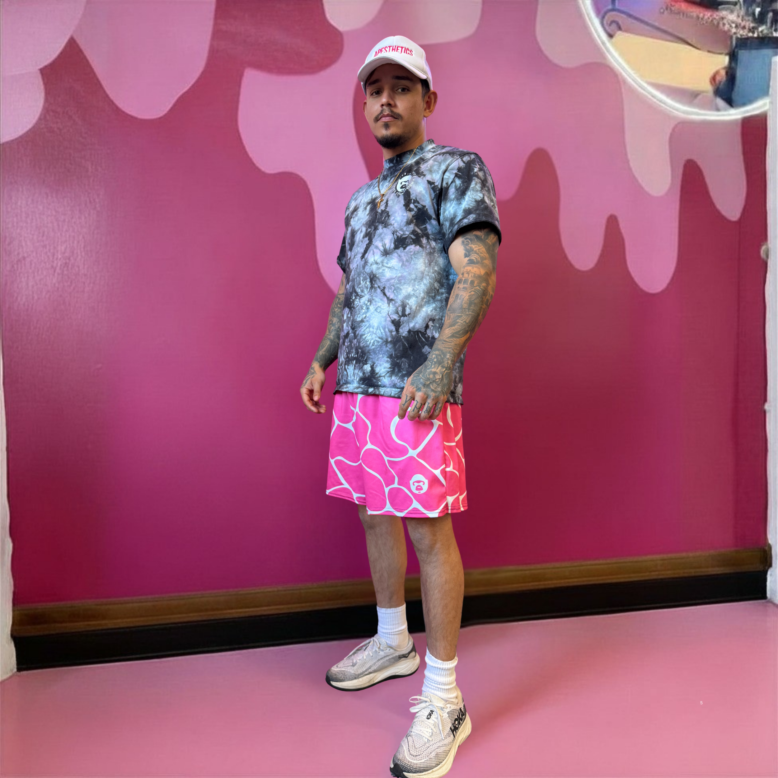 Apesthetics Cement mesh shorts pink men’s gym streetwear outfit  white pattern men’s gym streetwear outfit