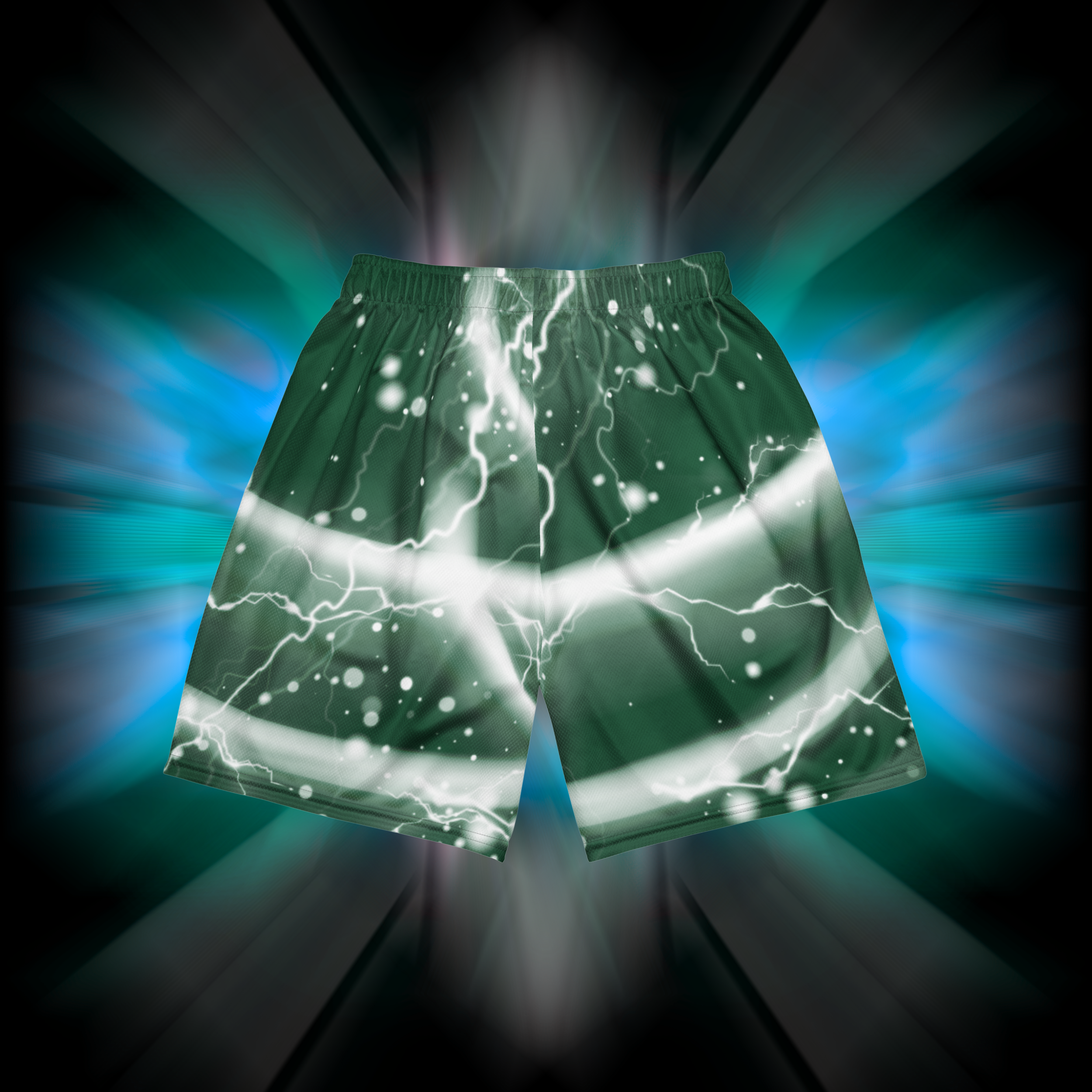 Apesthetics Gogeta green lightning print mesh shorts rear view — gym streetwear