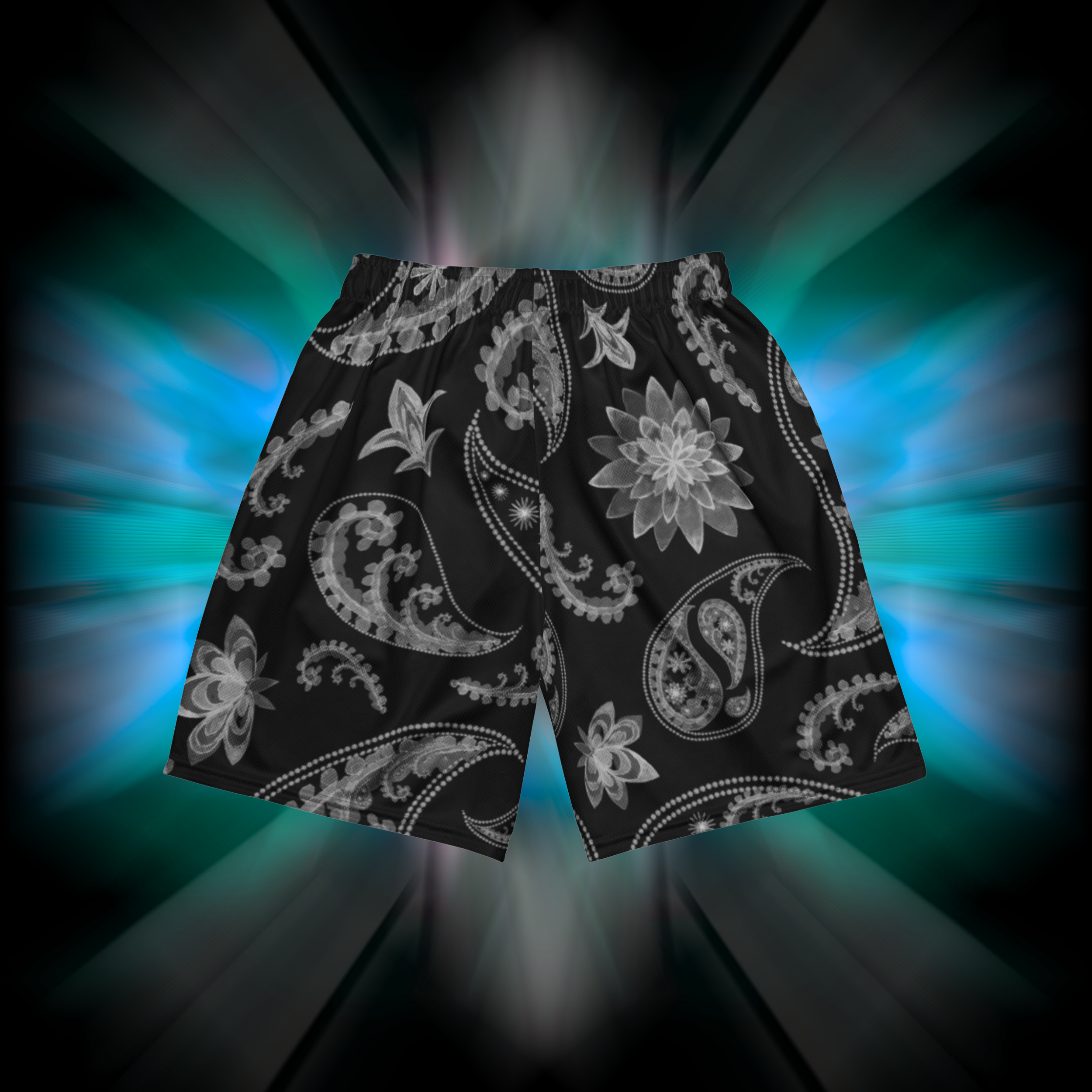 Apesthetics Dueño mesh gym shorts in black and grey bandana pattern — men's lightweight athletic shorts, rear view