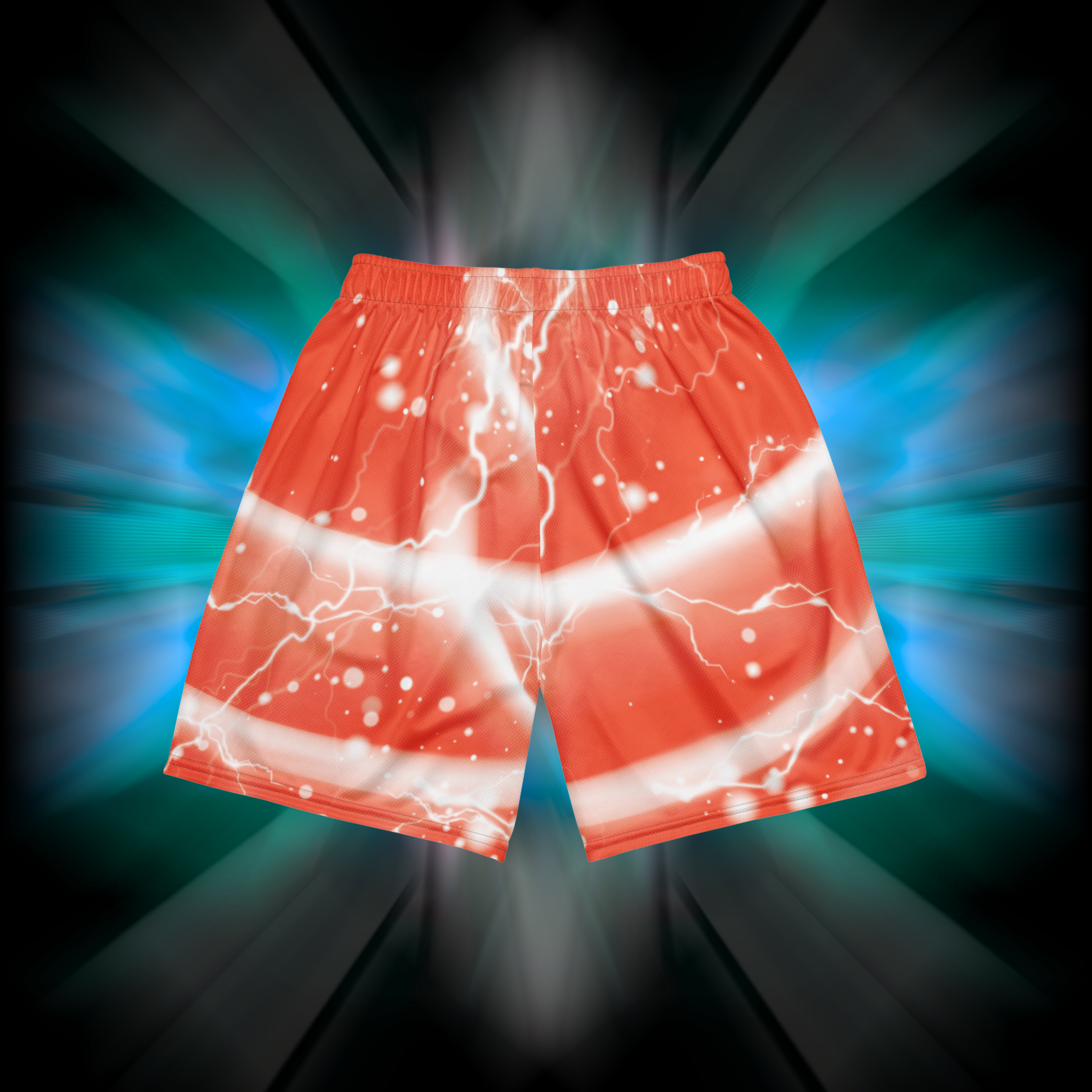 Apesthetics Gogeta orange lightning print mesh shorts rear view — gym streetwear