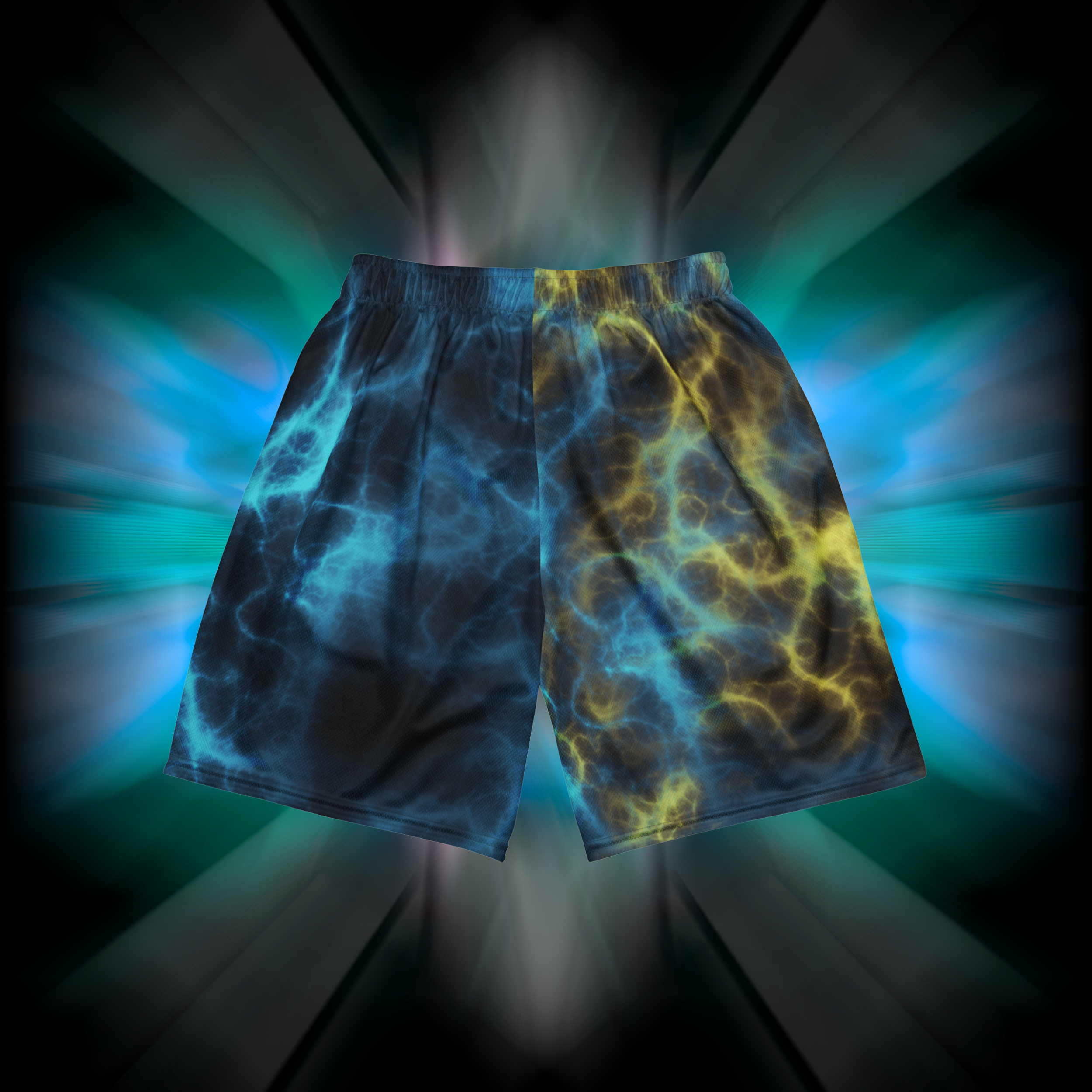 Apesthetics Vegito mesh gym shorts black blue yellow pattern rear view