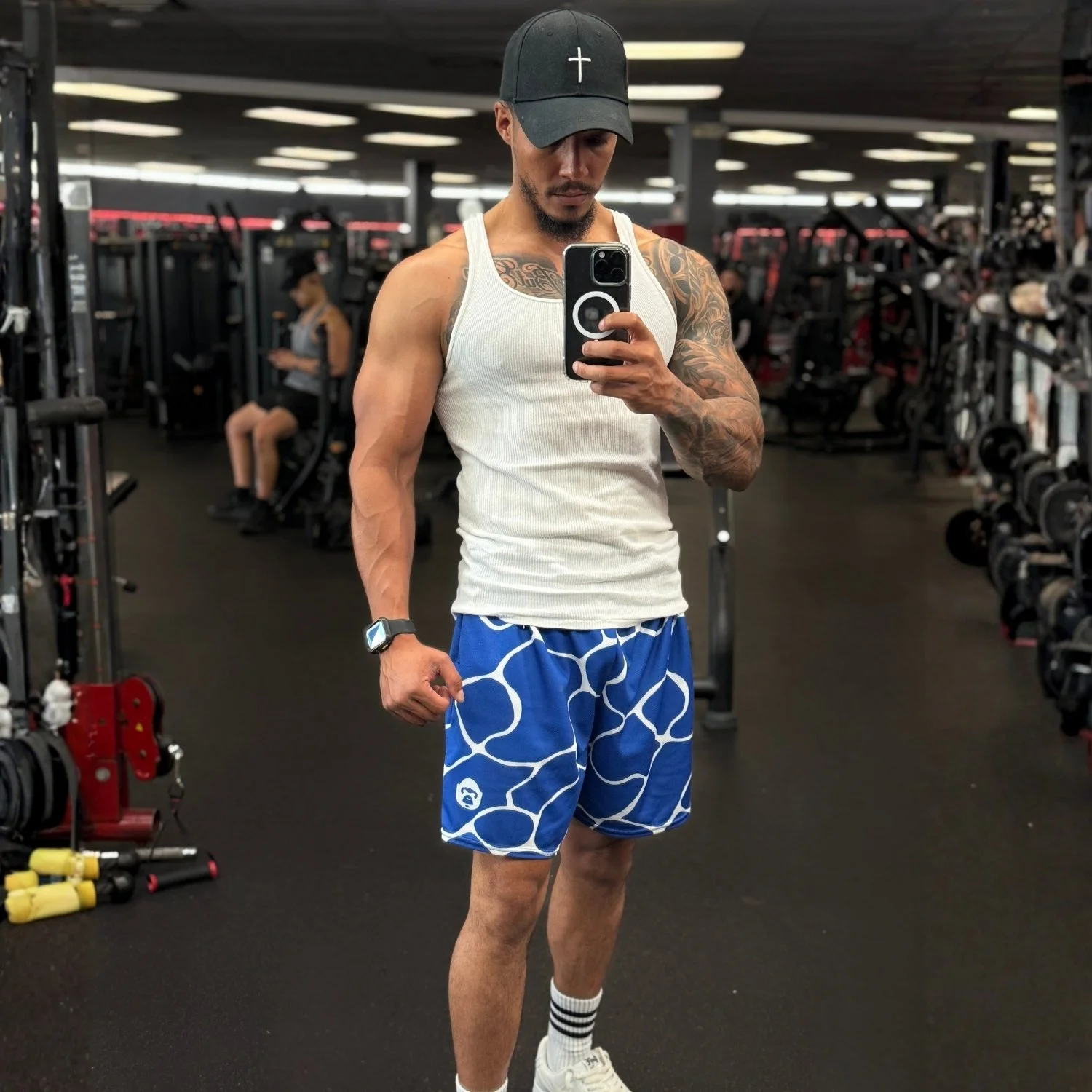 Apesthetics Cement mesh shorts blue men’s gym streetwear outfit  white pattern men’s gym streetwear outfit