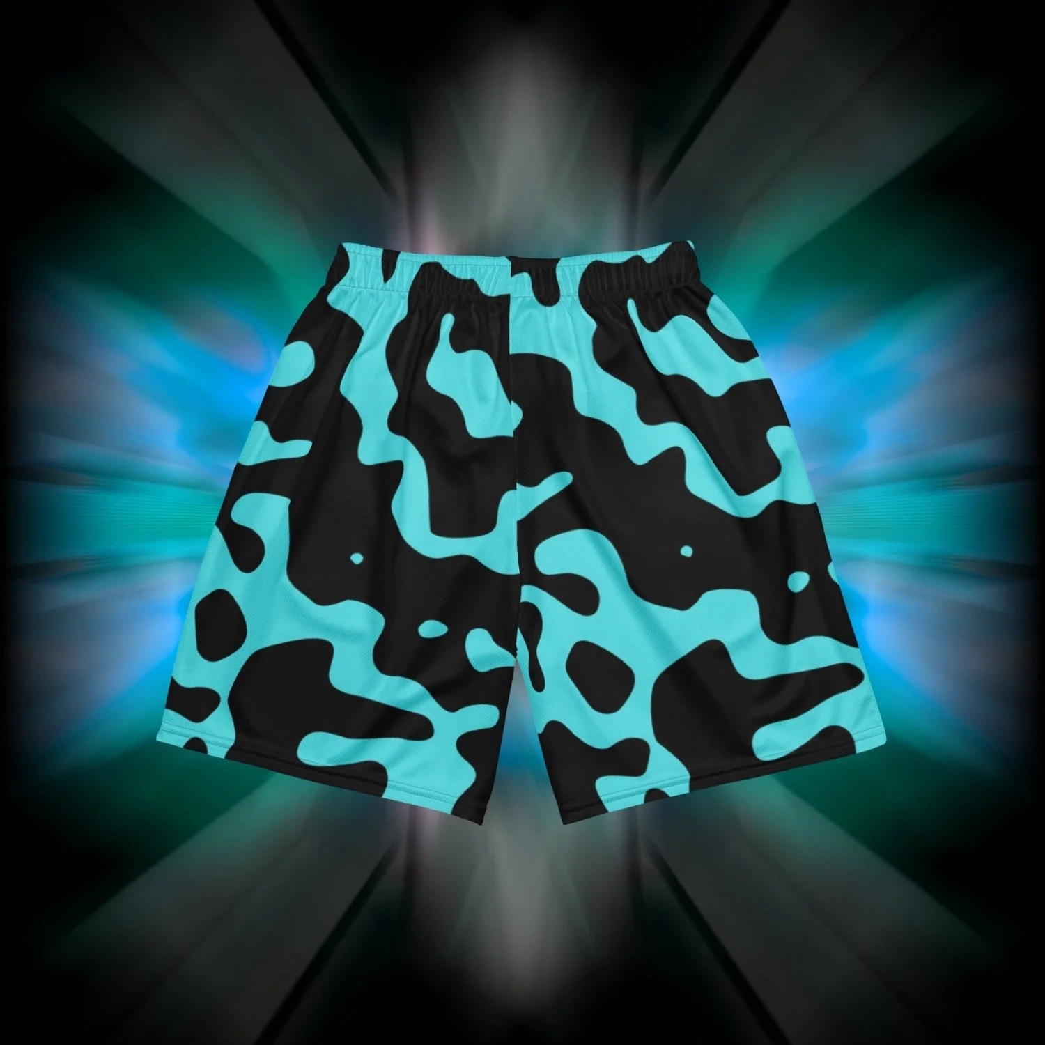 Apesthetics Militia mesh gym shorts in teal and black camo pattern — men's lightweight athletic shorts, rear view
