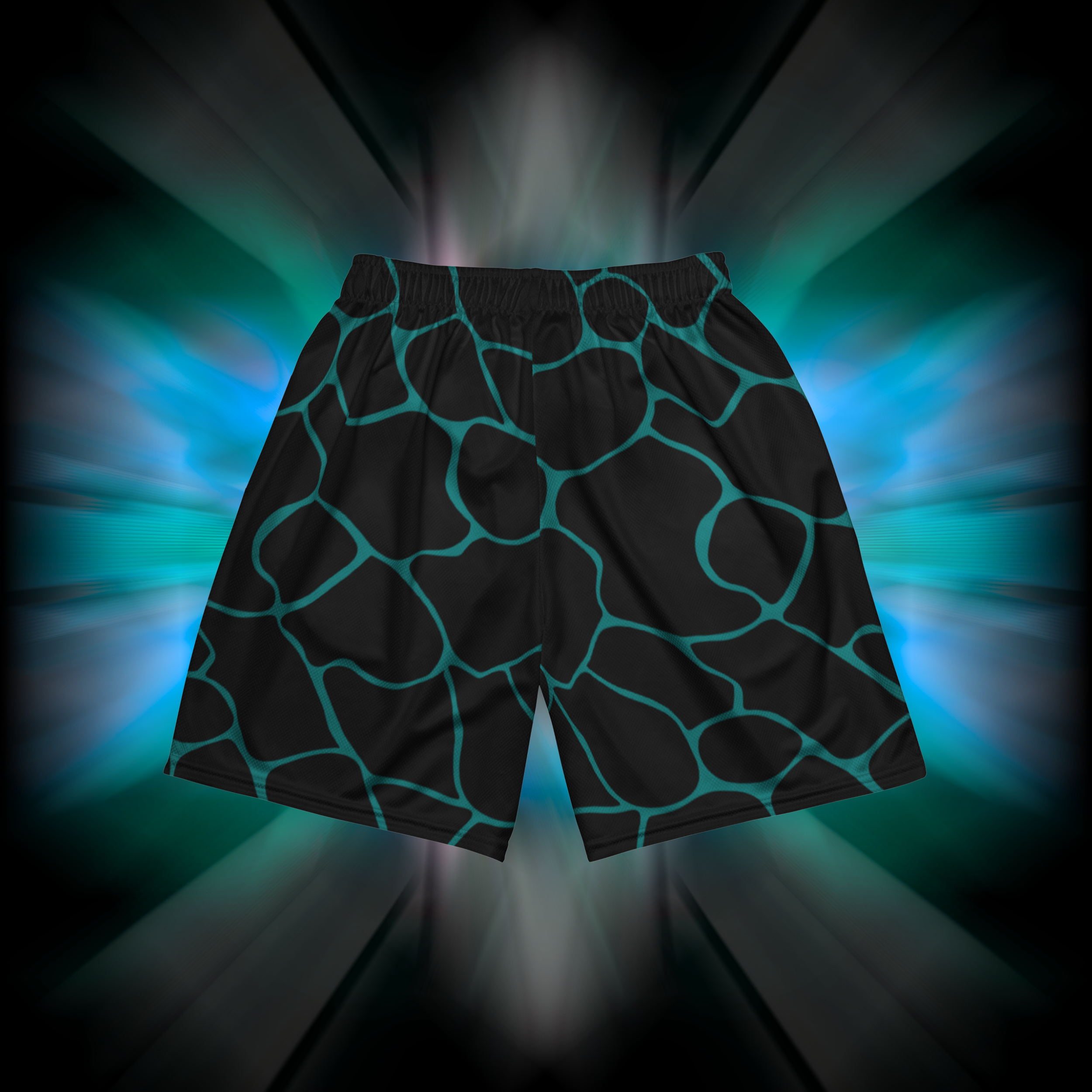 Apesthetics Cement mesh gym shorts black teal pattern rear view