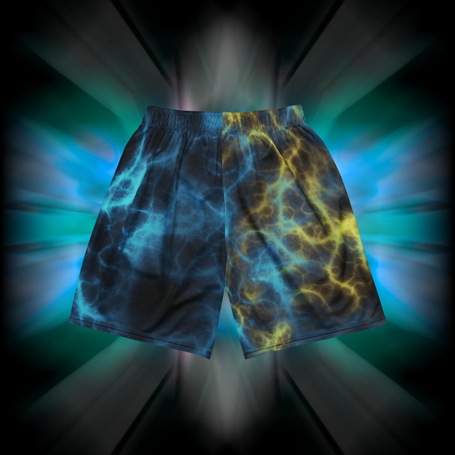 Apesthetics Vegito mesh gym shorts black blue yellow pattern rear view