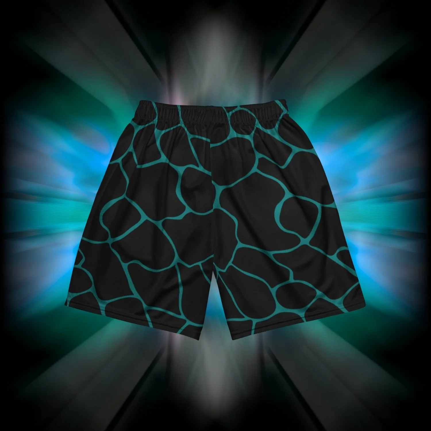 Apesthetics Cement mesh gym shorts black teal pattern rear view