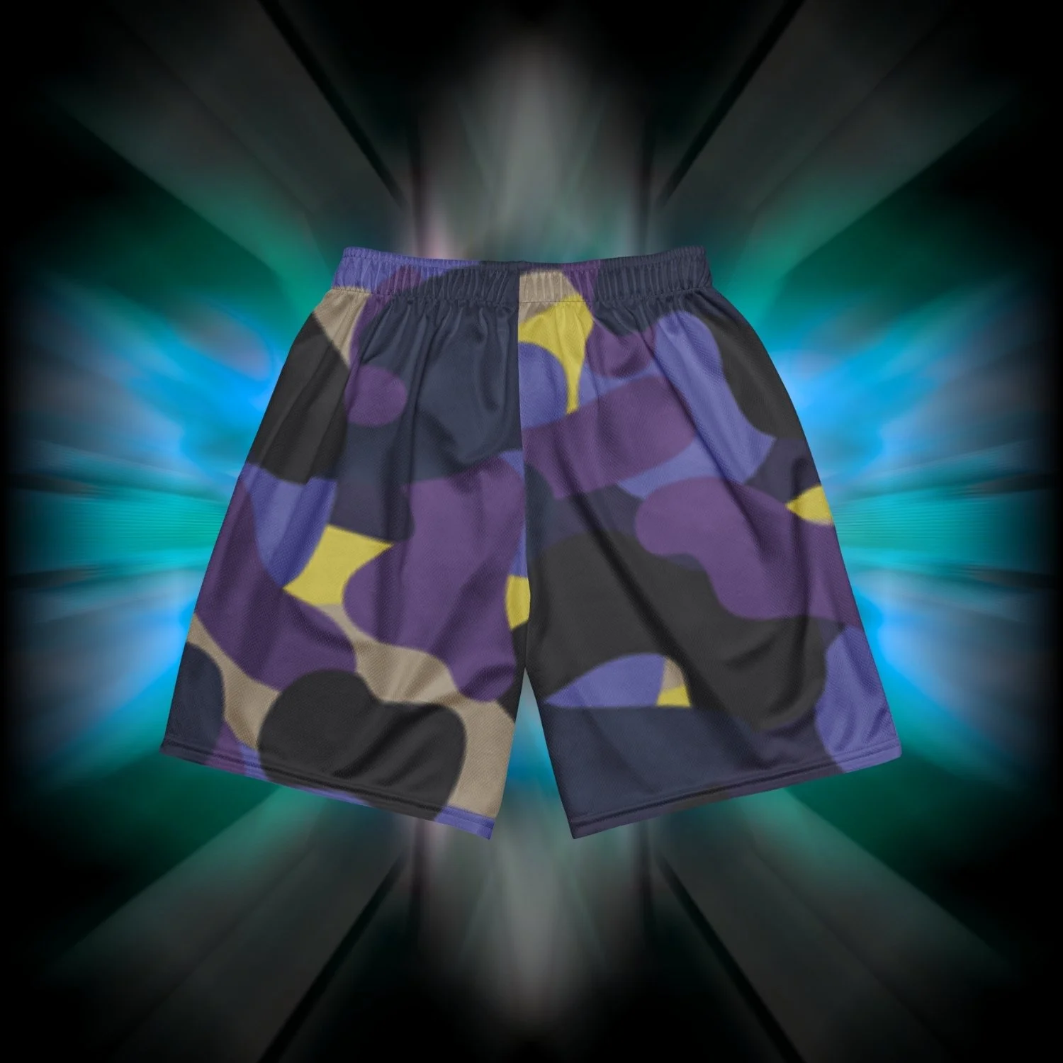 Apesthetics Mamba mesh shorts back view — purple, black, tan, and yellow camo pattern men's gym shorts