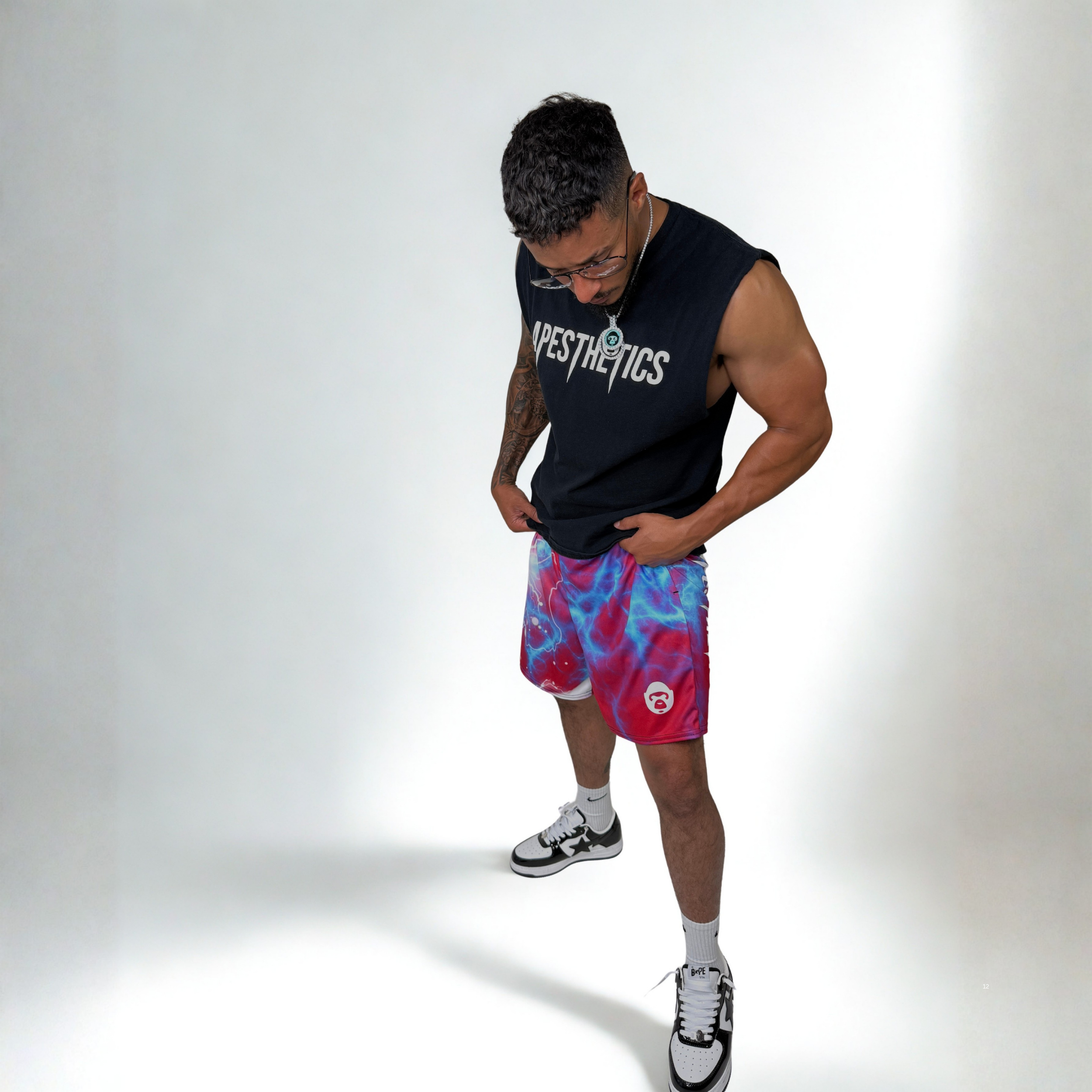 Apesthetics Gotenks red blue lightning mesh shorts model view — men's gym streetwear