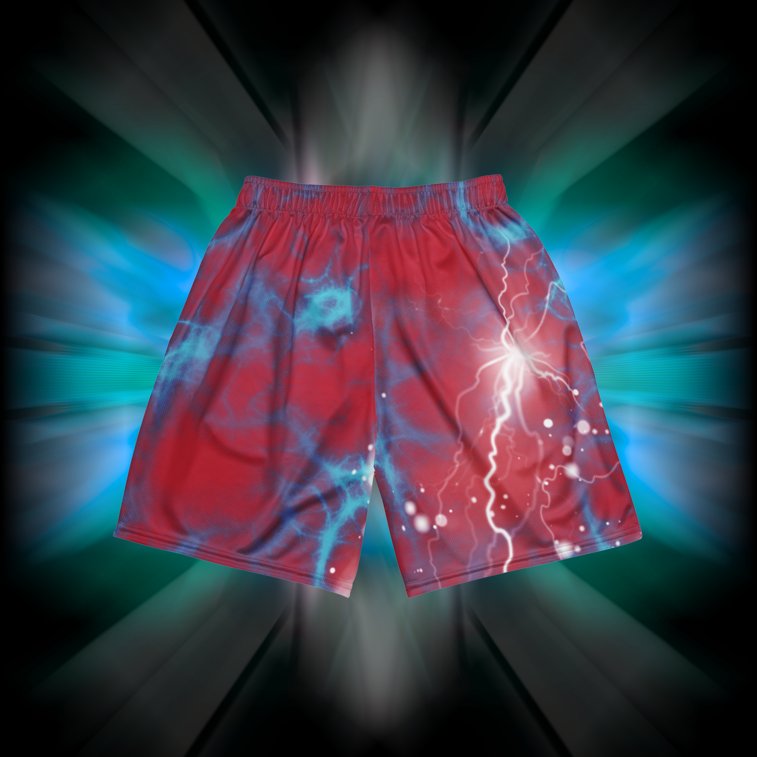 Apesthetics Gotenks red blue lightning mesh shorts rear view elastic waistband — gym streetwear
